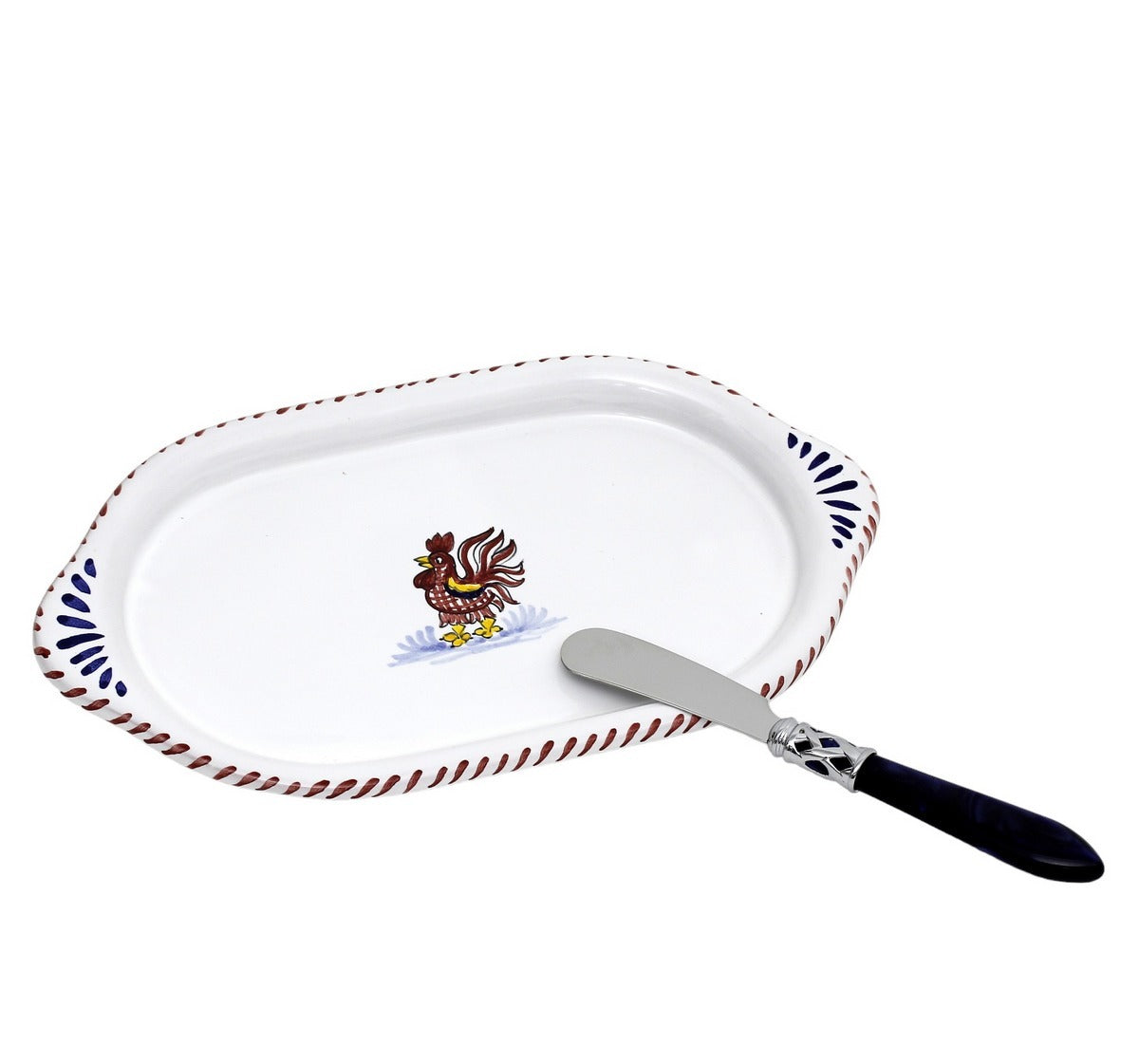ORVIETO RED ROOSTER: Oval Butter Tray + Spreader - Bundle Set
