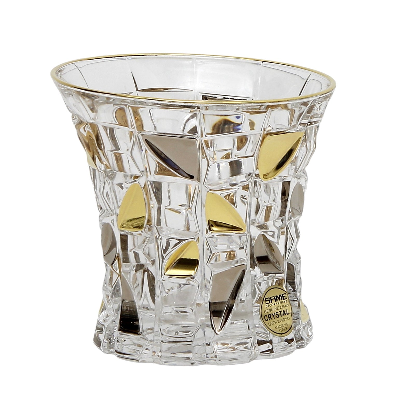 CRYSTAL GLASS: Exquisite Italian Crystal Top Cut Glass for Whiskey/Old Fashion featuring a 24 Carat Gold Rim and Gold/Platinum Accents.