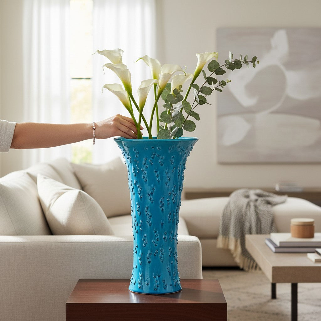 GOCCIE: Mediterranean Blue Large Flared Vase - Water-Drop Motif mimicking the rhythmic ripples of the ocean.