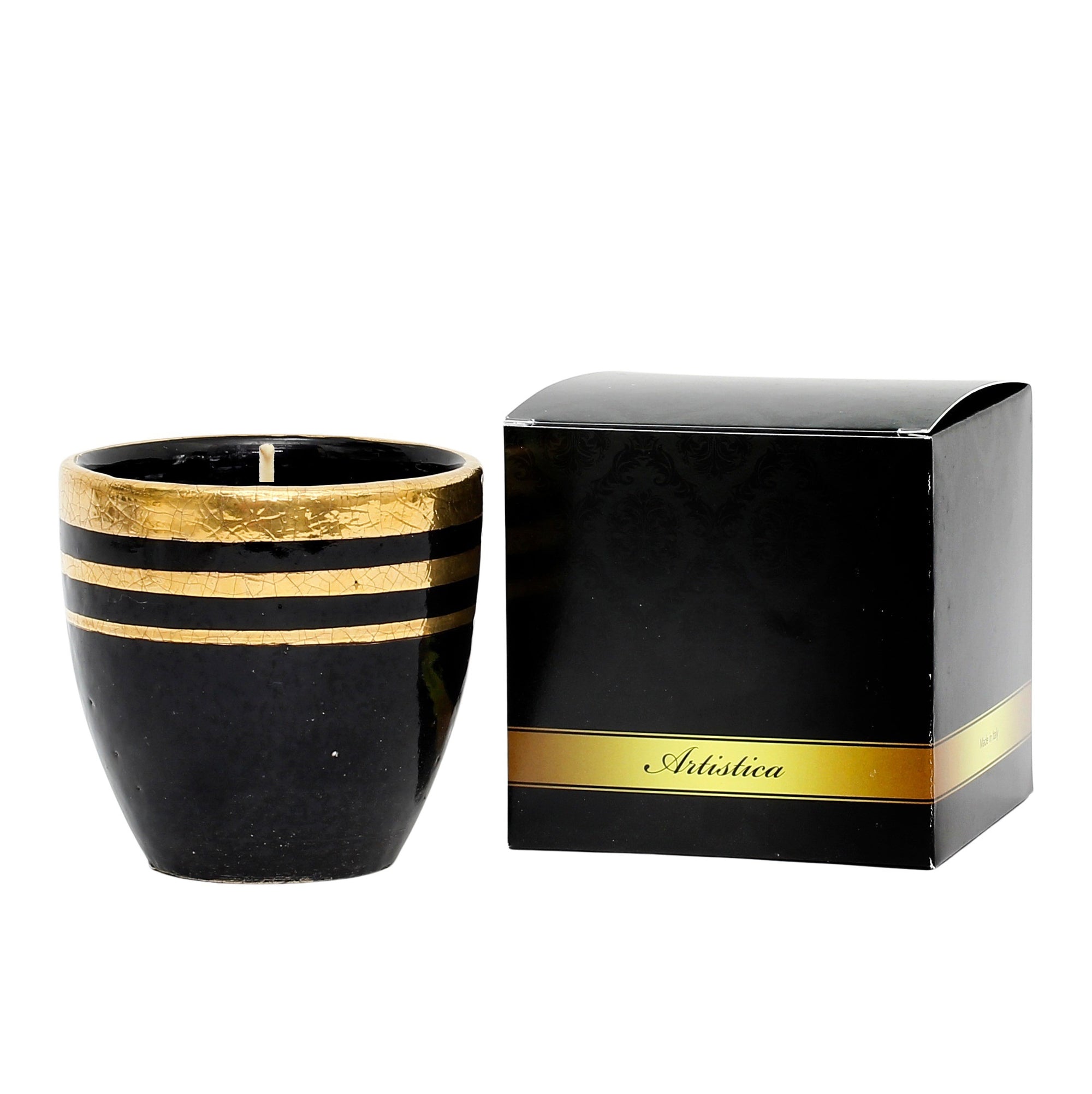 HOLIDAYS DERUTA MILANO: Large Candle Black with Hand Painted Pure Gold Stripes