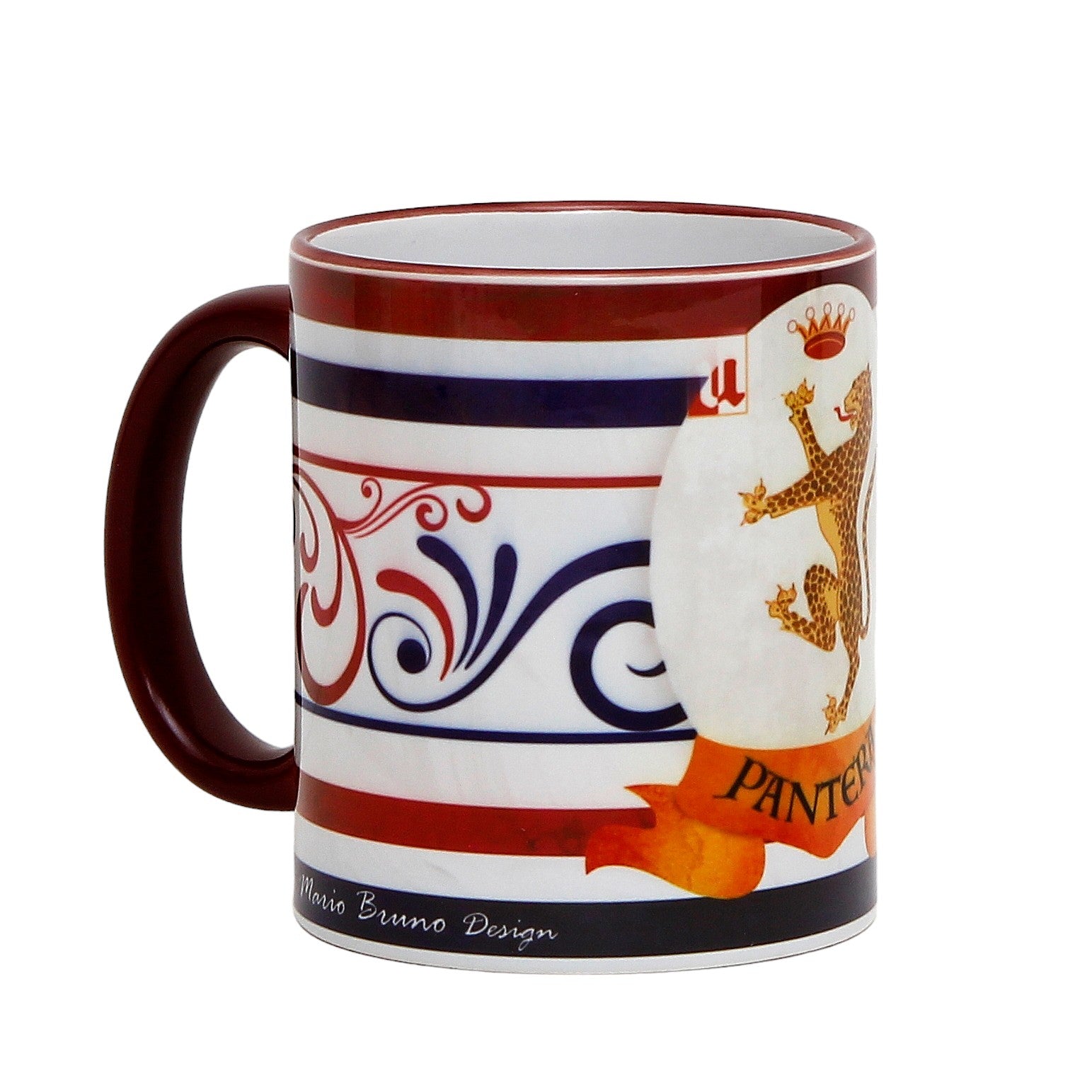 SUBLIMART: Palio di Siena Porcelain printed mug - Brown Handle & Rim - Design by Mario Bruno - PANTERA (Panther)