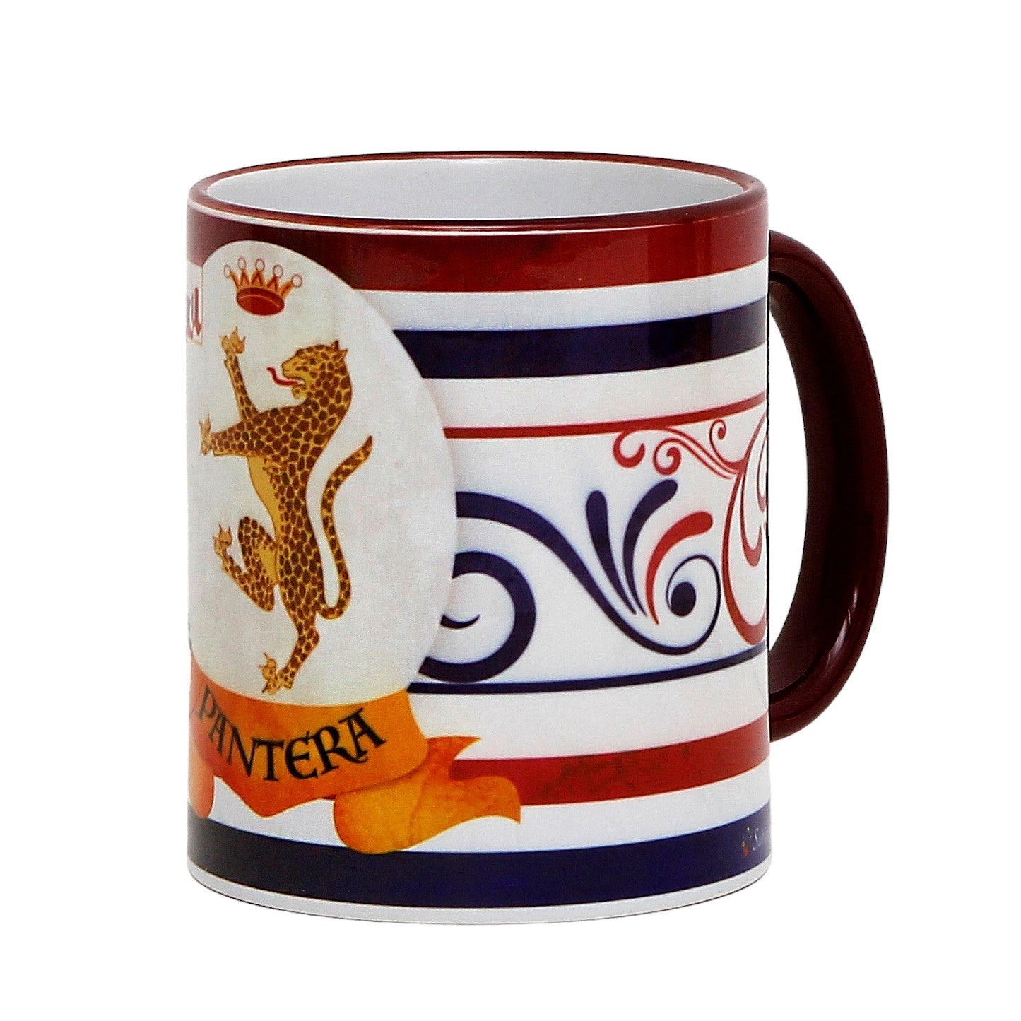 SUBLIMART: Palio di Siena Porcelain printed mug - Brown Handle & Rim - Design by Mario Bruno - PANTERA (Panther)