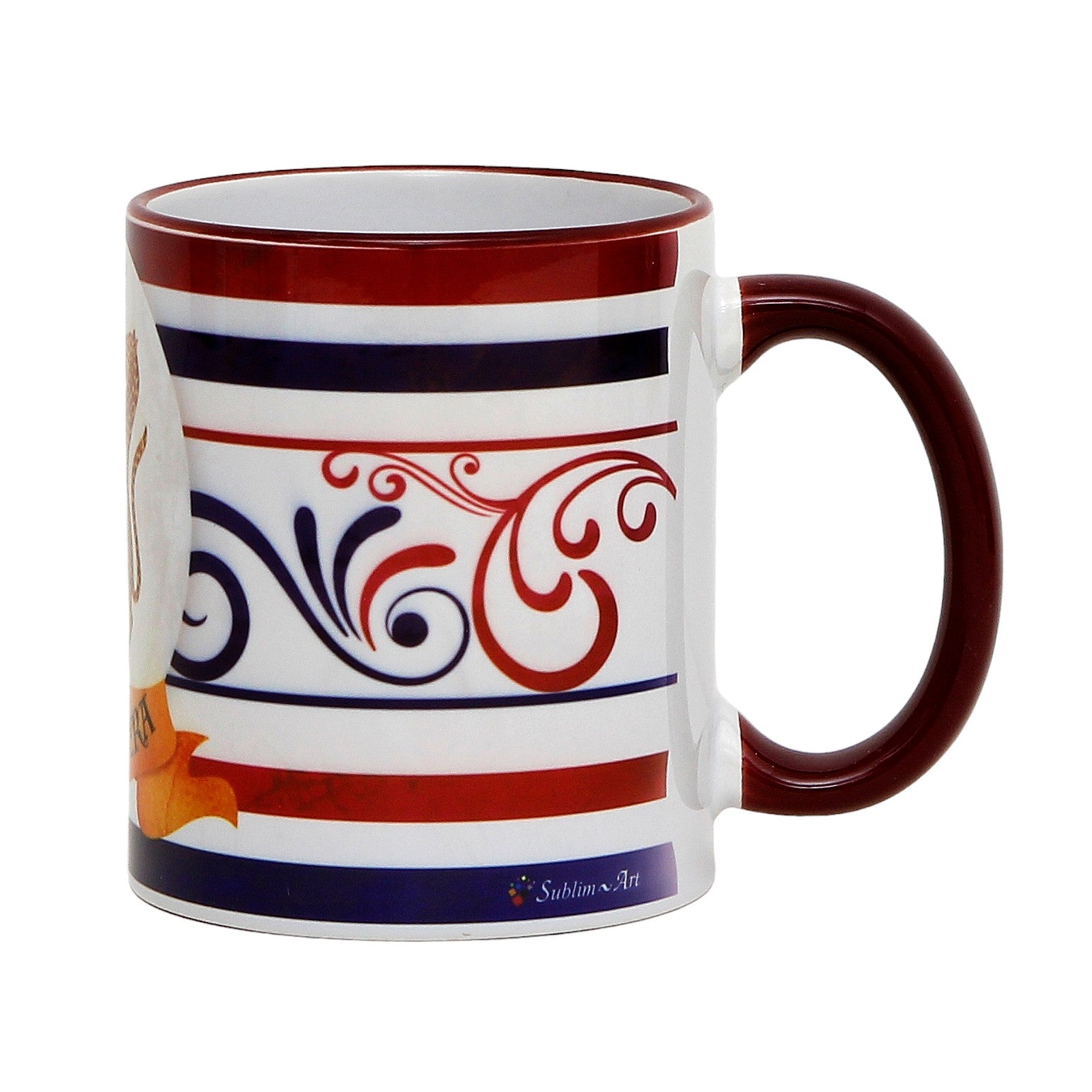 SUBLIMART: Palio di Siena Porcelain printed mug - Brown Handle & Rim - Design by Mario Bruno - PANTERA (Panther)