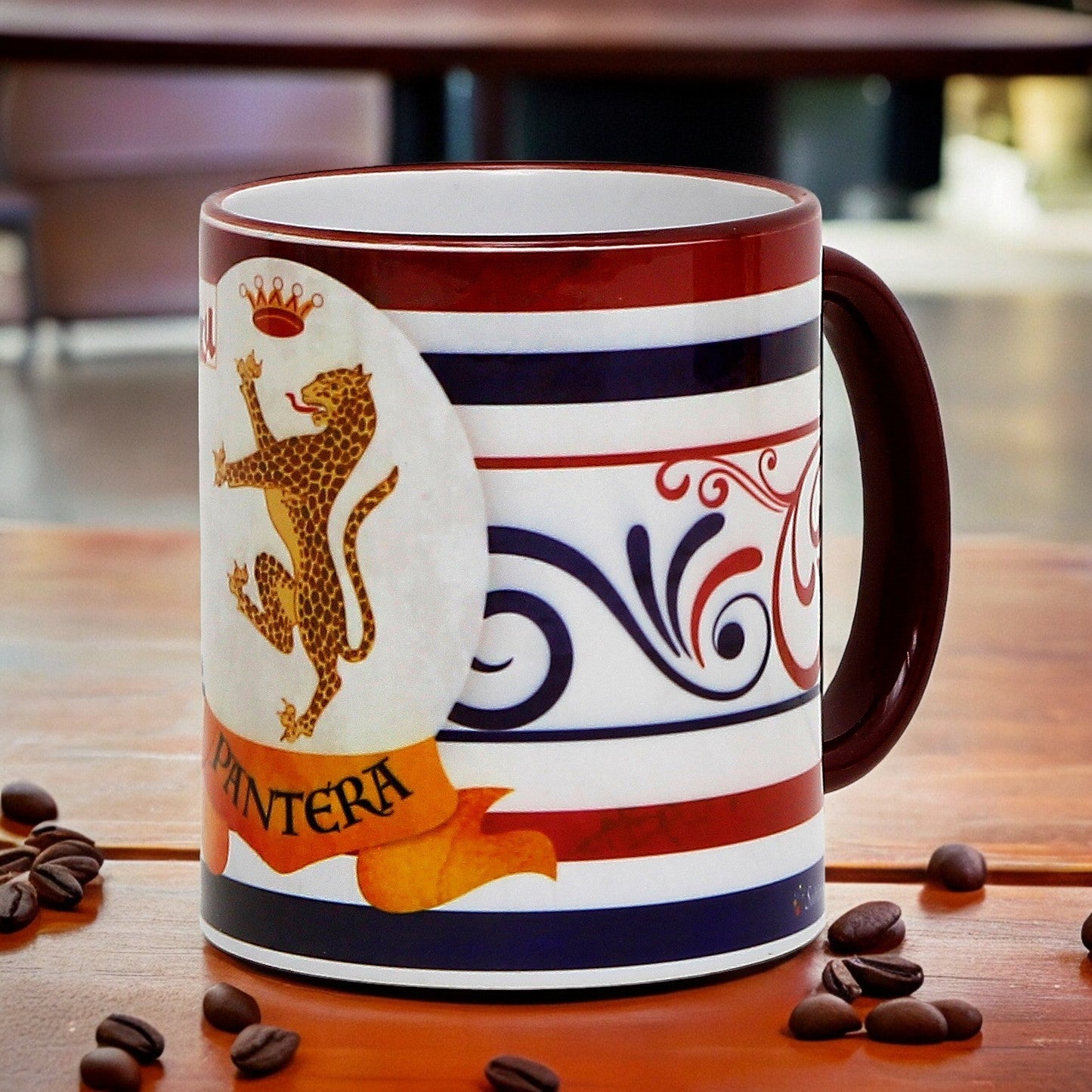 SUBLIMART: Palio di Siena Porcelain printed mug - Brown Handle & Rim - Design by Mario Bruno - PANTERA (Panther)