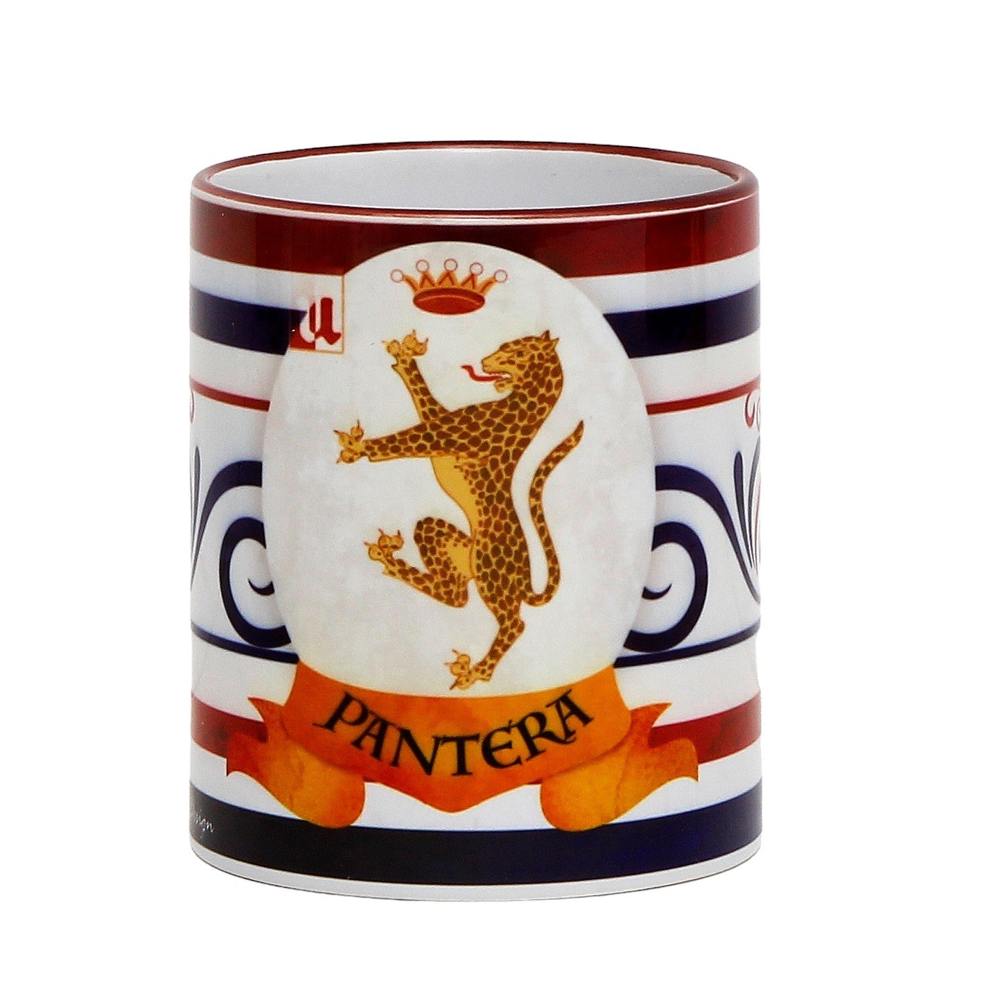 SUBLIMART: Palio di Siena Porcelain printed mug - Brown Handle & Rim - Design by Mario Bruno - PANTERA (Panther)