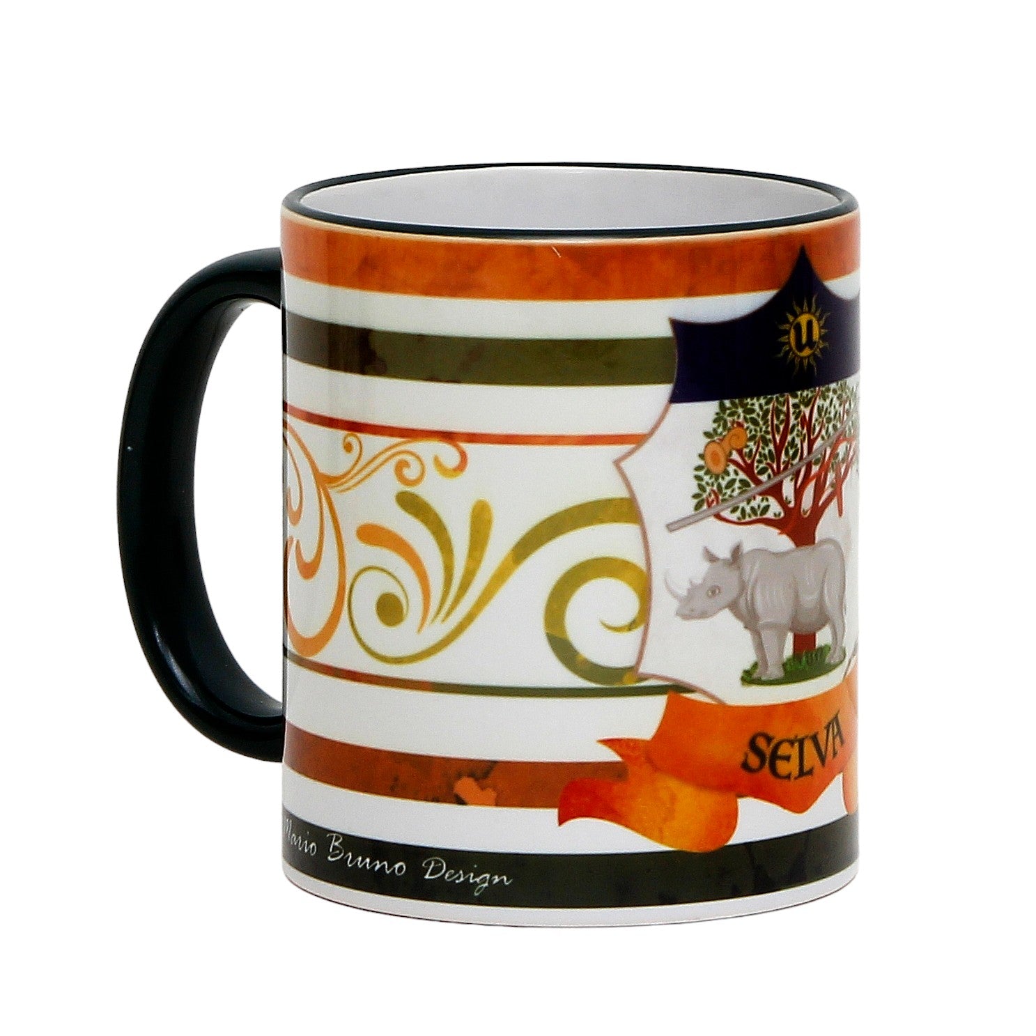 SUBLIMART: Palio di Siena Porcelain printed mug - Blue Handle & Rim - Design by Mario Bruno - SELVA (Forest-Rhino)
