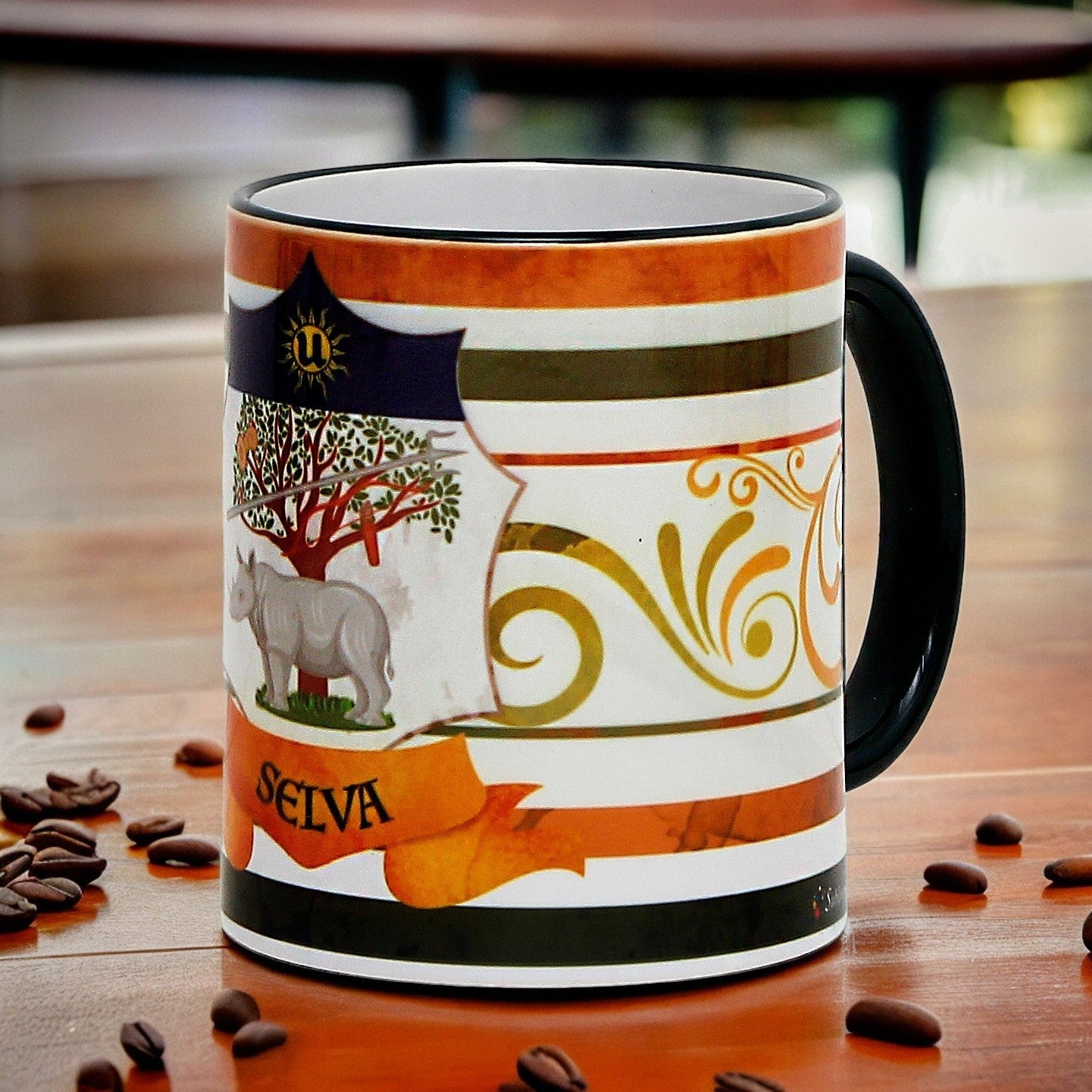 SUBLIMART: Palio di Siena Porcelain printed mug - Blue Handle & Rim - Design by Mario Bruno - SELVA (Forest-Rhino)