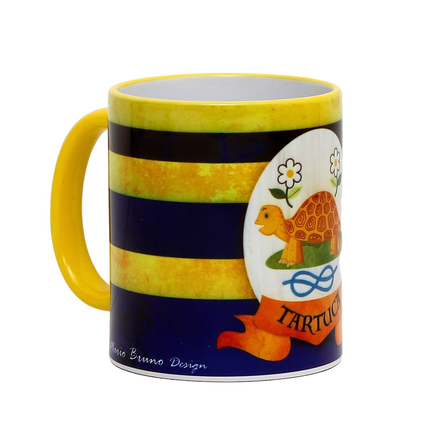 SUBLIMART: Palio di Siena Porcelain printed mug - Yellow Handle & Rim - Design by Mario Bruno - TARTUCA (Tortoise)