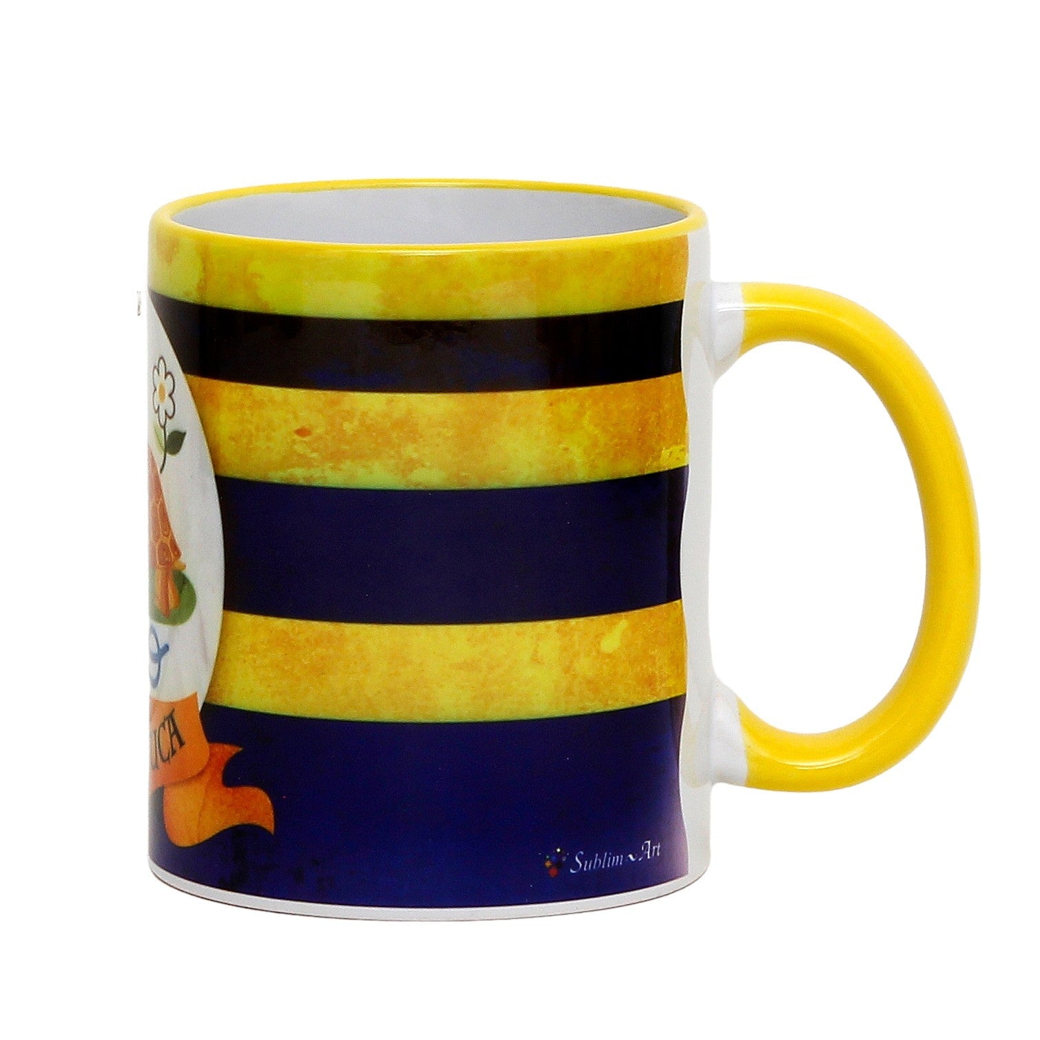 SUBLIMART: Palio di Siena Porcelain printed mug - Yellow Handle & Rim - Design by Mario Bruno - TARTUCA (Tortoise)