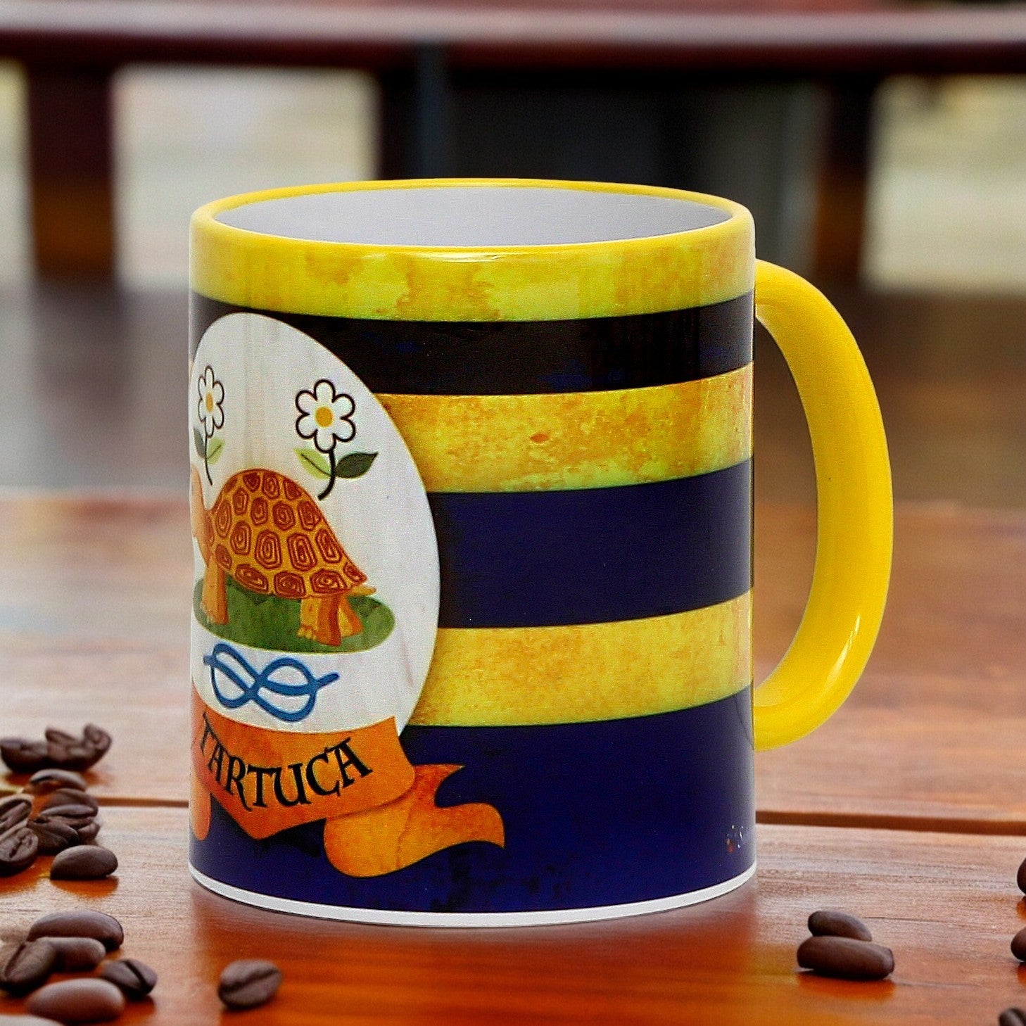 SUBLIMART: Palio di Siena Porcelain printed mug - Yellow Handle & Rim - Design by Mario Bruno - TARTUCA (Tortoise)