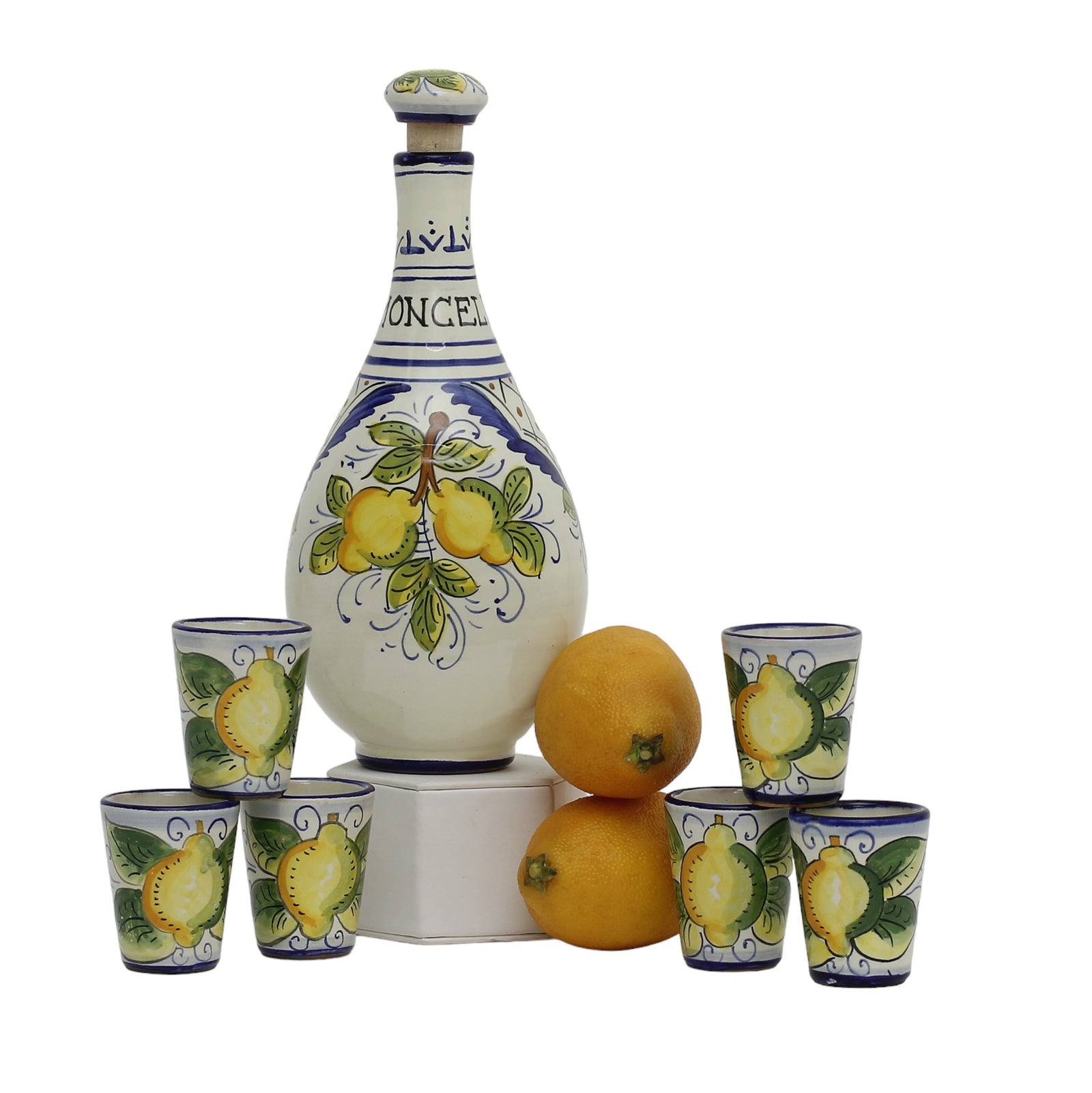 LIMONCELLO: Limoncello Set with Blue trimmings - Bottle with stopper and 6 Shot Glasses (Limocello liquor not included)