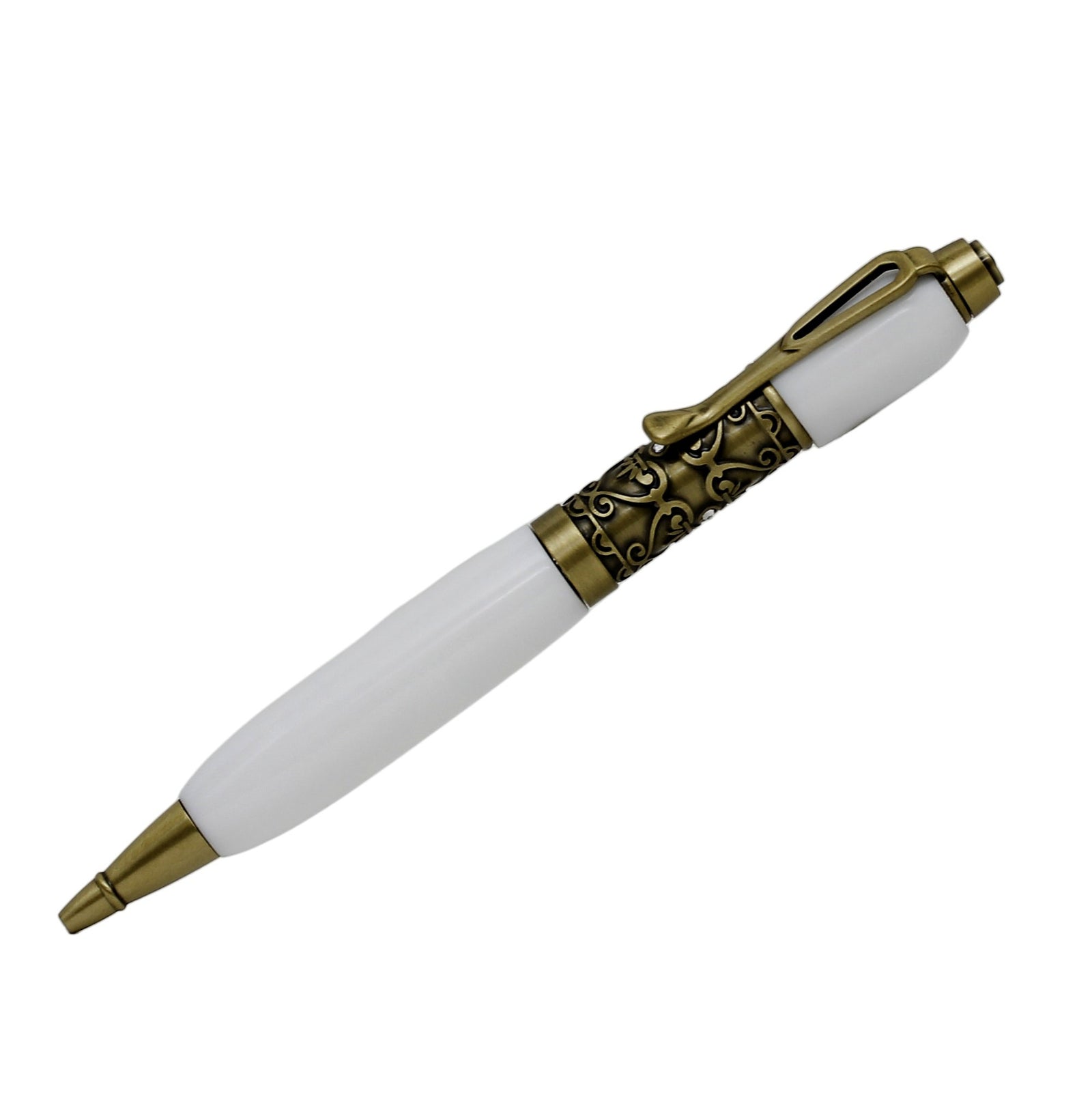 ART-PEN: Handcrafted Luxury Twist Rollerball Pen - Antique Deruta Vario design Brass finish with WHITE acrylic hand turned body - Artistica.com