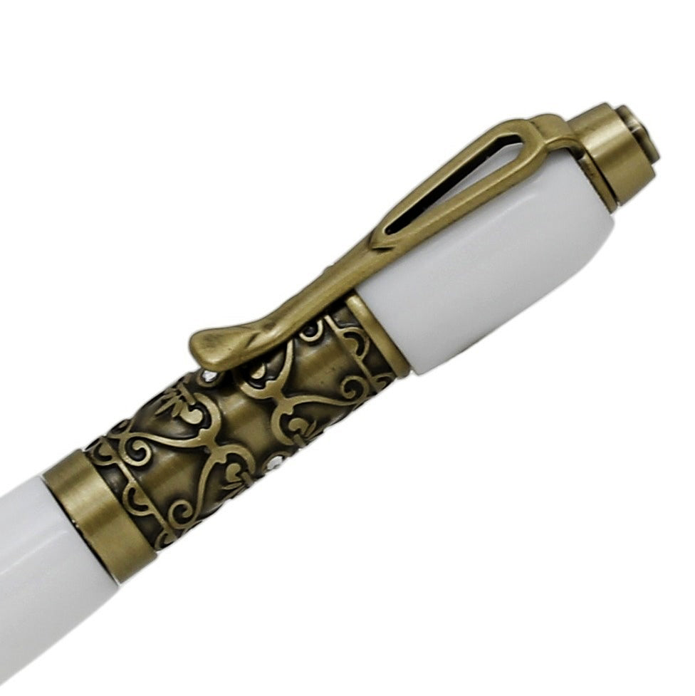 ART-PEN: Handcrafted Luxury Twist Rollerball Pen - Antique Deruta Vario design Brass finish with WHITE acrylic hand turned body - Artistica.com