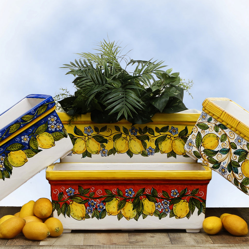 SICILIA: Rectangular Jardiniere from Caltagirone Sicily (Indoor-Outdoor) - YELLOW Lemon Design - Artistica.com