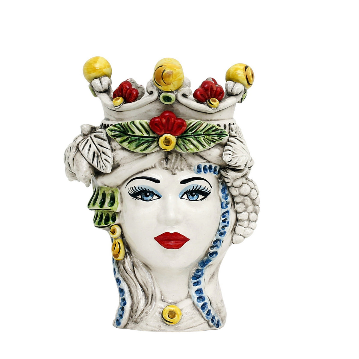 CALTAGIRONE: Sicilian Moorish Head Vase - Woman with Crown &amp; off white fruit (Medium 11&quot; H.) - Artistica.com