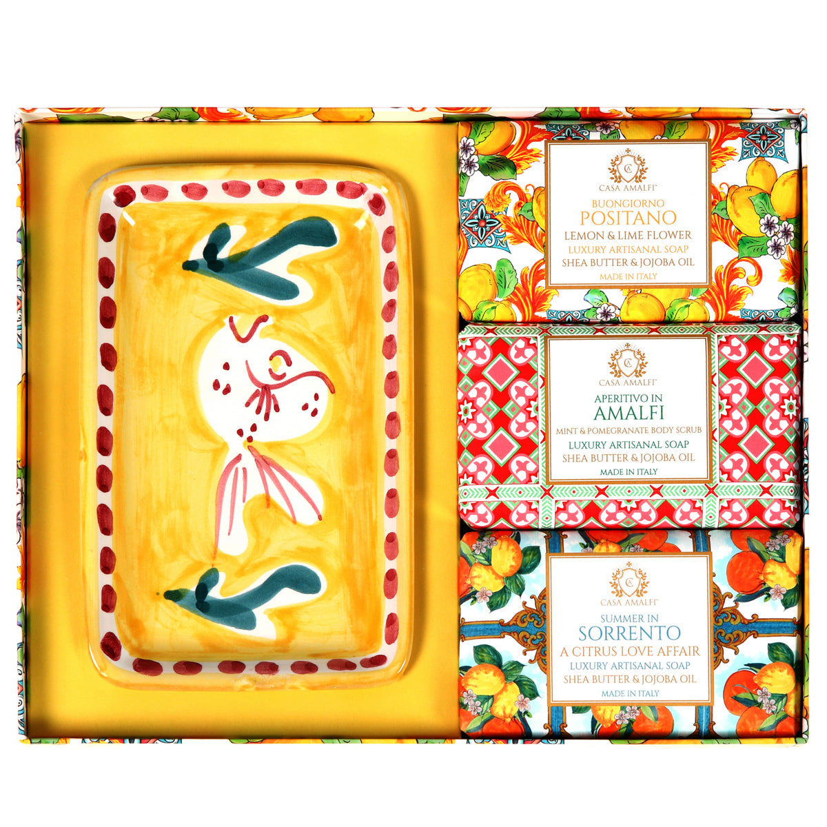 CASA AMALFI SOAPS: Scented Soap Bars with ceramic soap dish - Lemon Majolica Set - Artistica.com