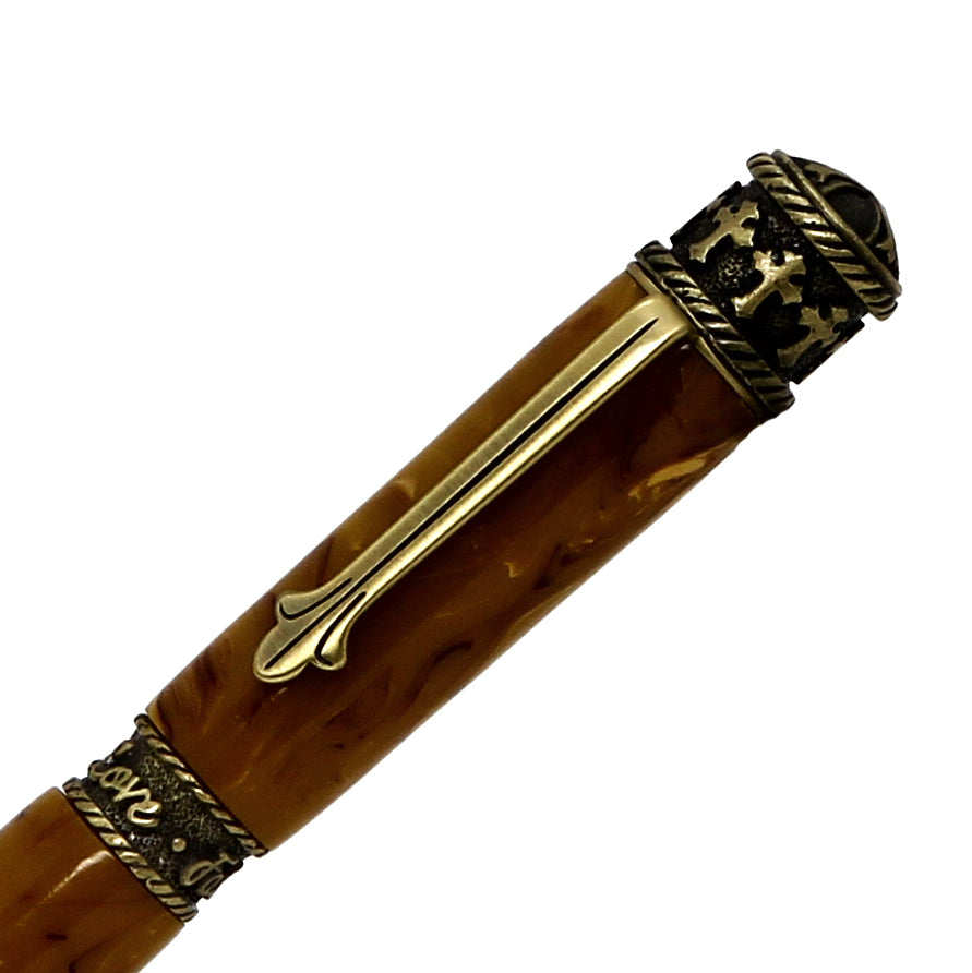 ART-PEN: Handcrafted Luxury Twist Pen - Faith Hope Love - Antique Pewter with Marble Acrylic Spicy Mustard Composite body - Artistica.com