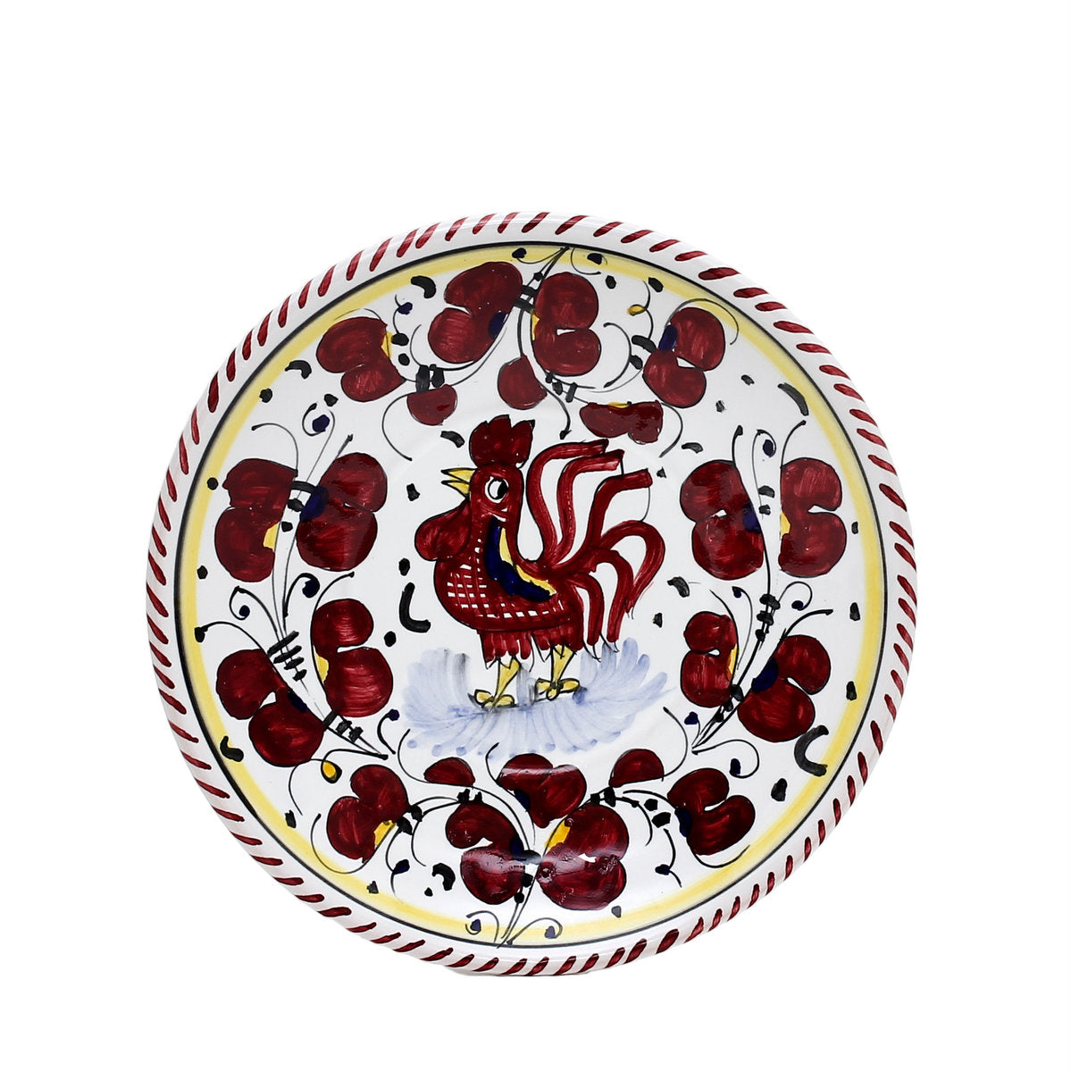 ORVIETO RED ROOSTER: Canape Plate - 7" Diam. Saucer [STRIPED RIM] - Artistica.com