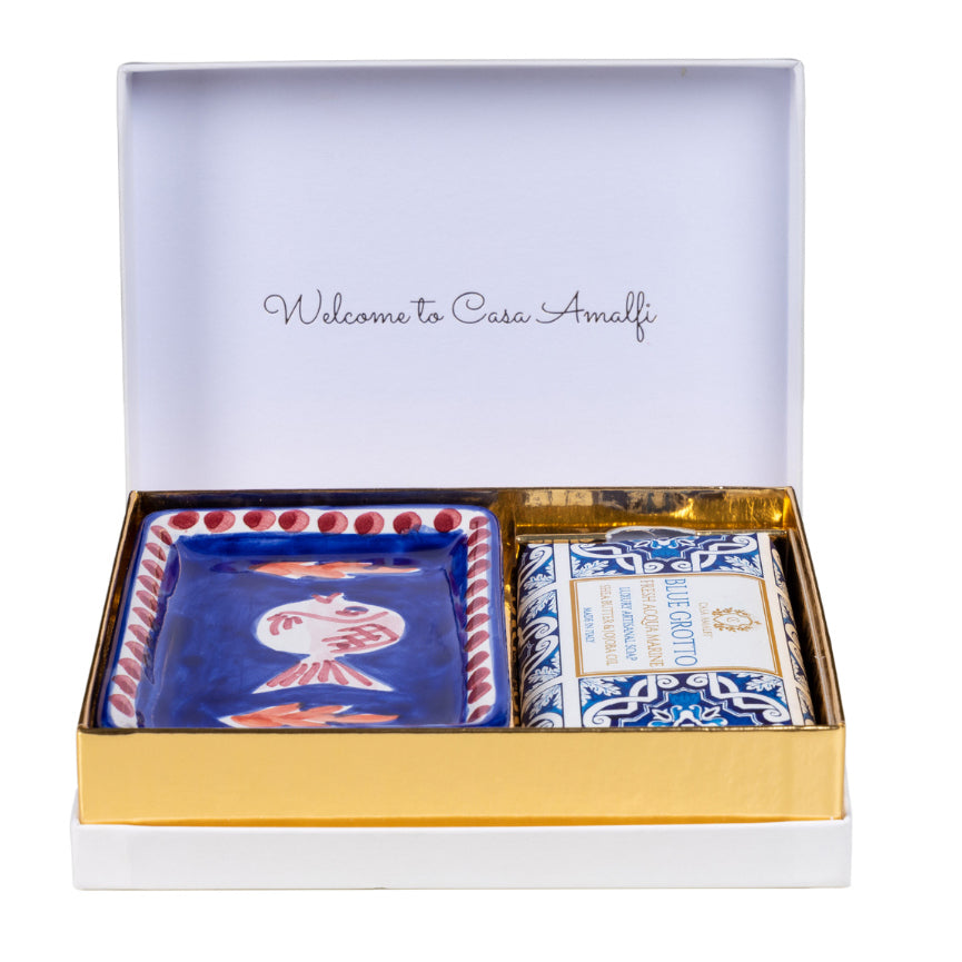 CASA AMALFI SOAPS: Scented Soap Bar with ceramic soap dish - White-Gold Amalfi Set - Artistica.com