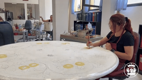 CERAMIC STONE TABLE + IRON BASE: GLICINE Design - Hand Painted in Deruta, Italy. - Artistica.com