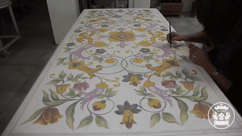 CERAMIC STONE TABLE + IRON BASE: CRACOVIA Design - Hand Painted in Deruta, Italy. - Artistica.com