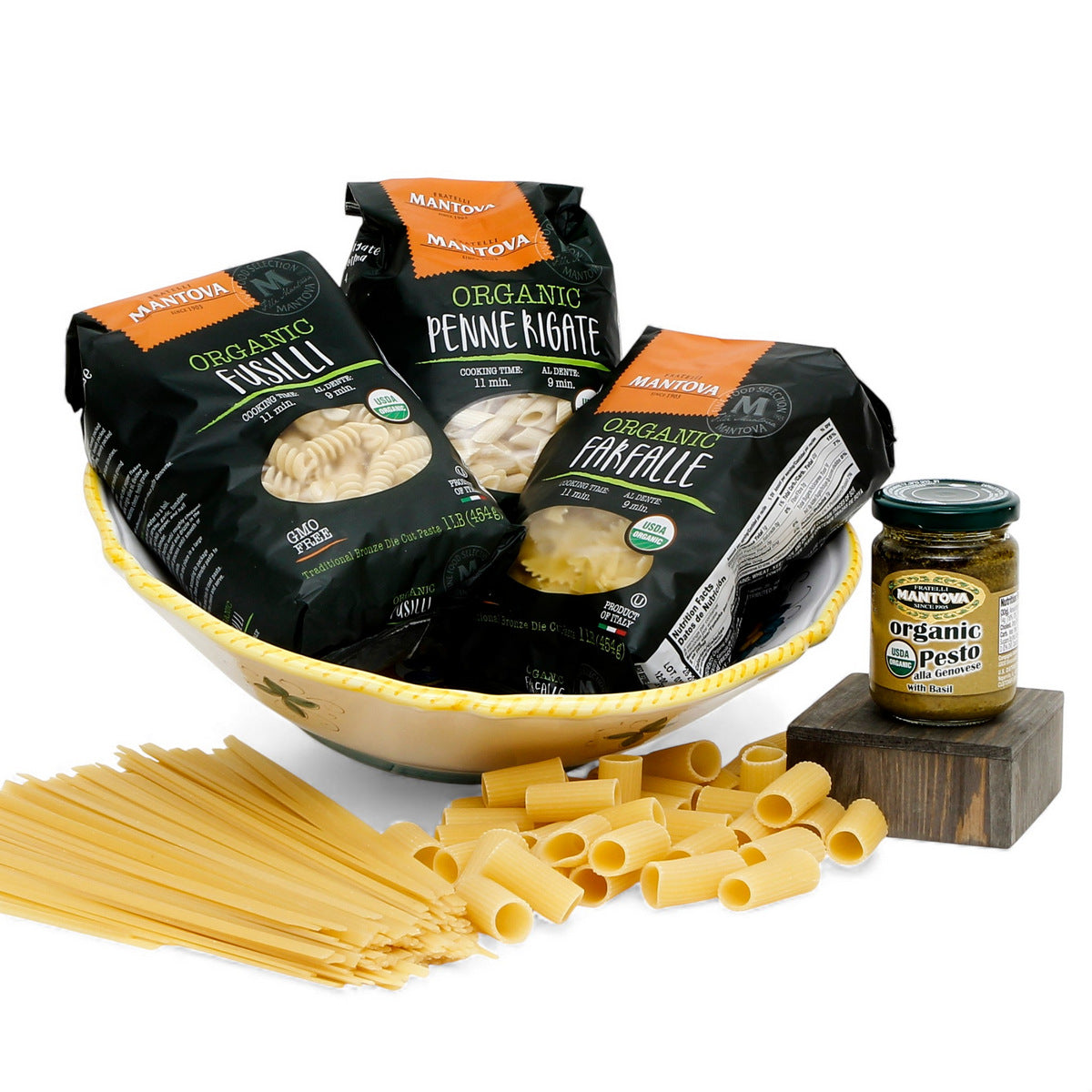 GIFT BUNDLES: Deruta Pasta Bowl with 3 Organic Pasta + Pesto Sauce - RAFFAELLESCO CLASSICO design