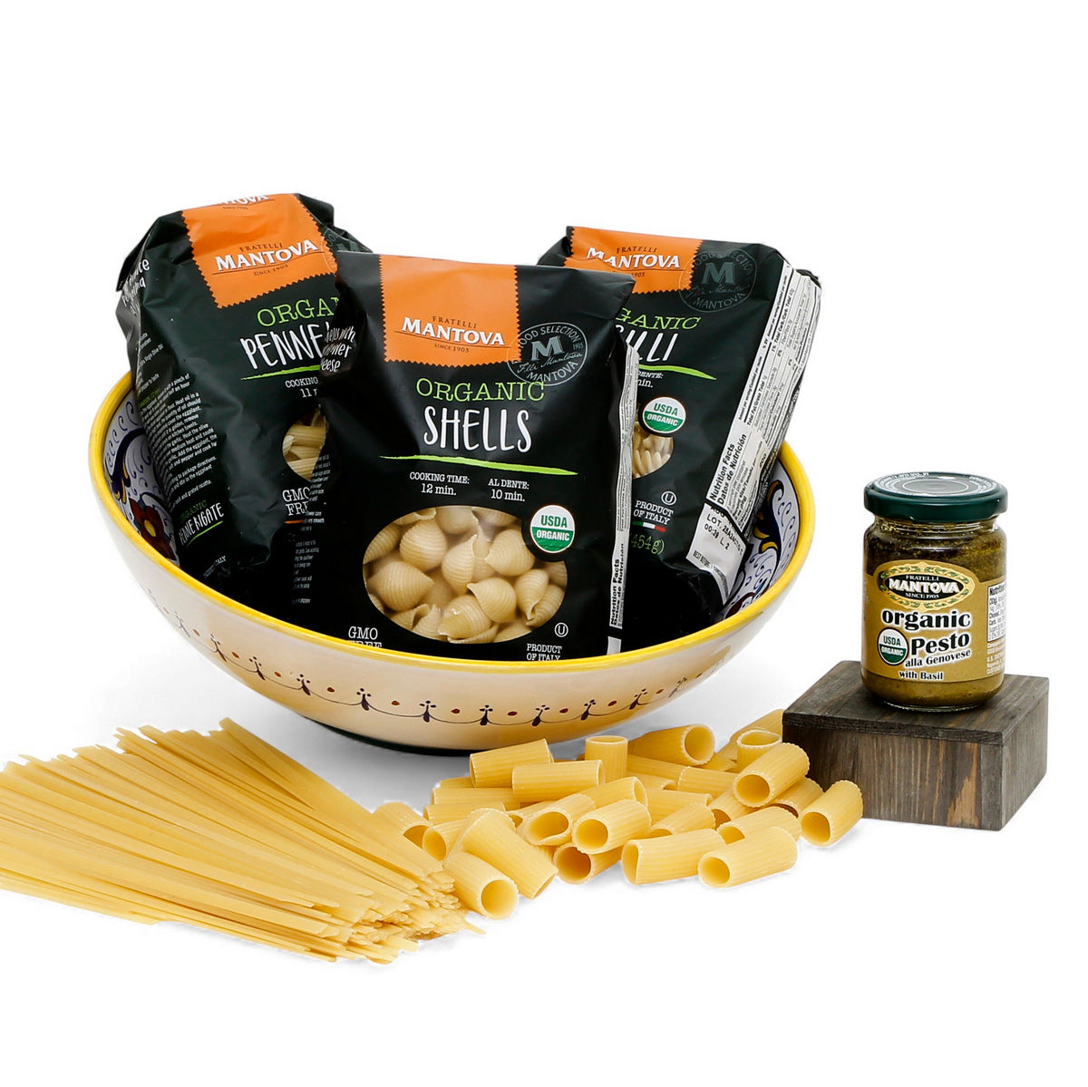 GIFT BUNDLES: Deruta Pasta Bowl with 3 Organic Pasta + Pesto Sauce - RICCO DERUTA CLASSICO design