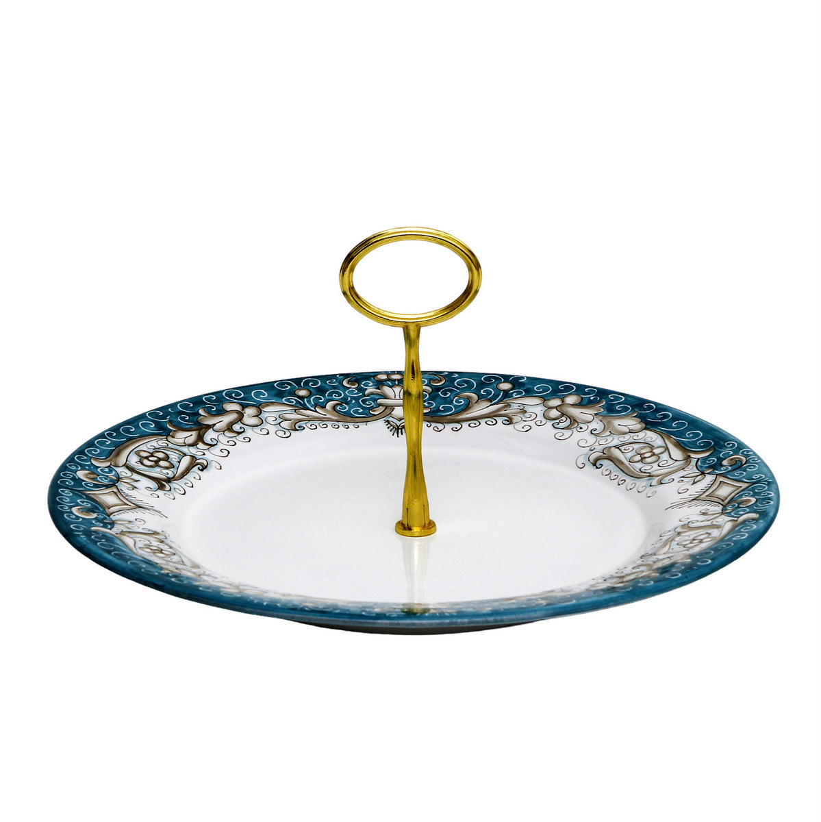 DERUTA COLORI: Tid Bit Server Plate AQUA-TEAL with Golden or Chrome Oval Metal Handle - Artistica.com
