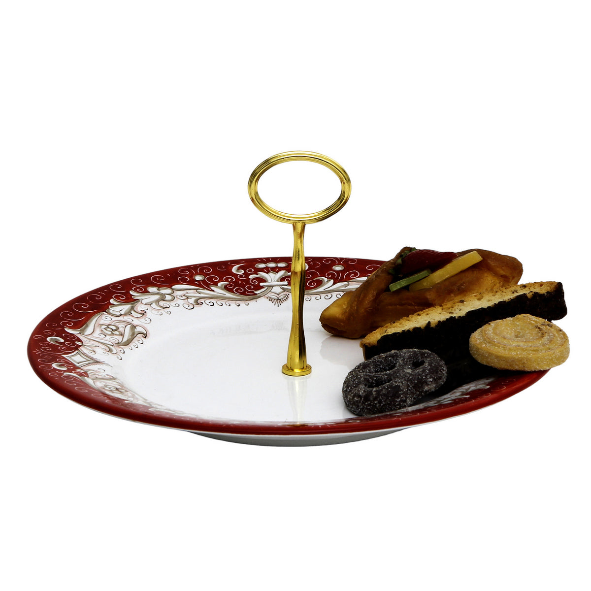 DERUTA COLORI: Tid Bit Server Plate RED with Golden or Chrome Oval Metal Handle - Artistica.com