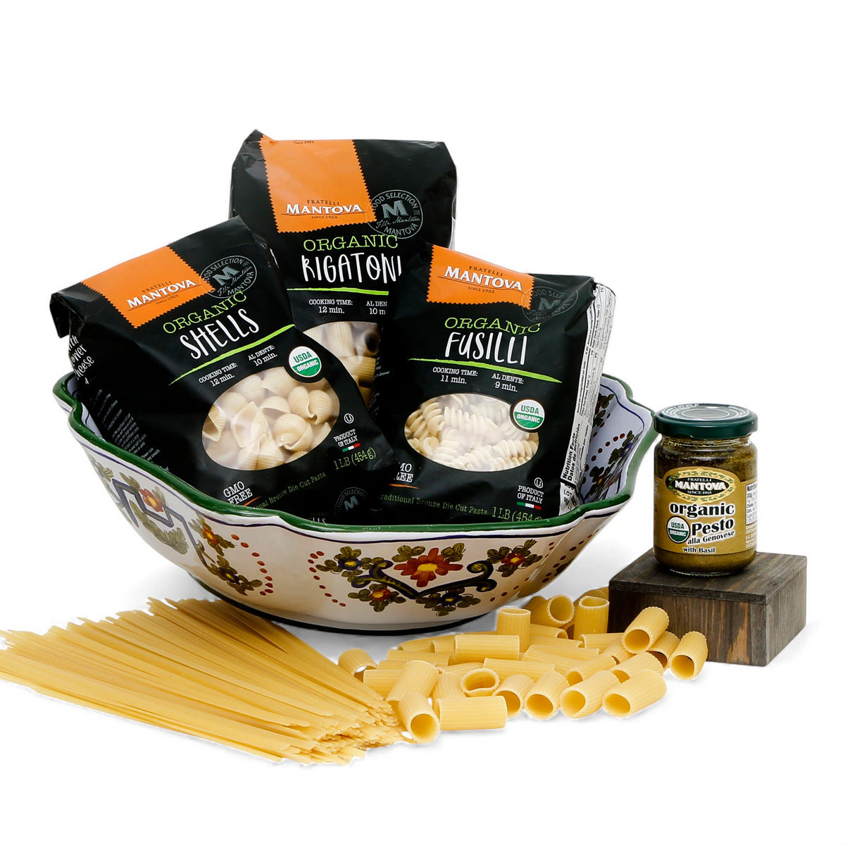 GIFT BUNDLES: Deruta Pasta Fluted Bowl with 3 Organic Pasta + Pesto Sauce - FAENZA-GAROFANO design