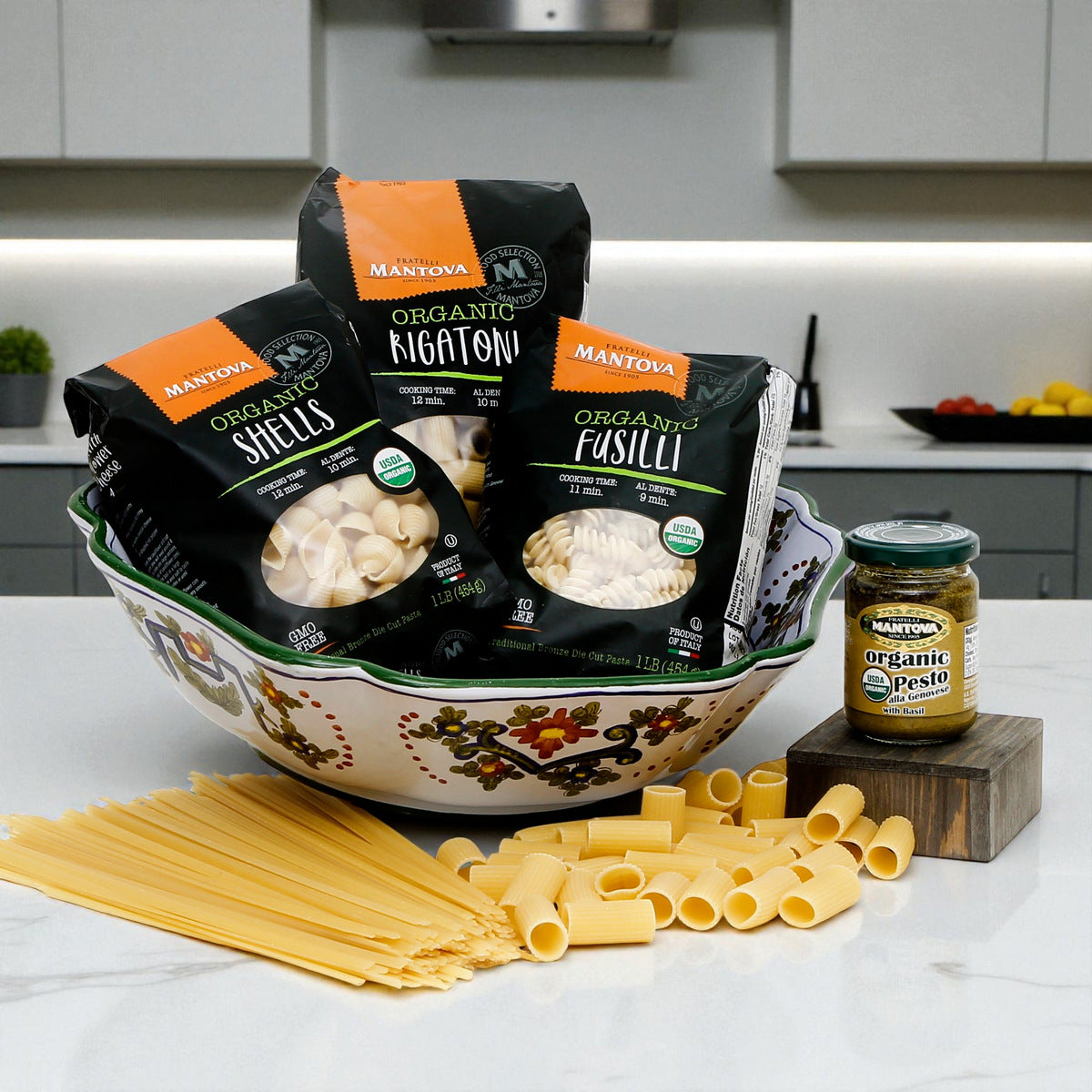 GIFT BUNDLES: Deruta Pasta Fluted Bowl with 3 Organic Pasta + Pesto Sauce - FAENZA-GAROFANO design