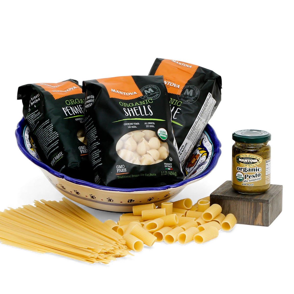 GIFT BUNDLES: Deruta Pasta Bowl with 3 Organic Pasta + Pesto Sauce - VECCHIA DERUTA design