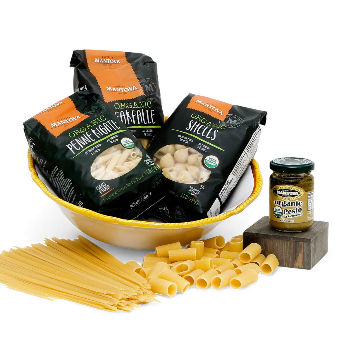 GIFT BUNDLES: Deruta Pasta Bowl with 3 Organic Pasta + Pesto Sauce -RAFFAELLESCO LITE design
