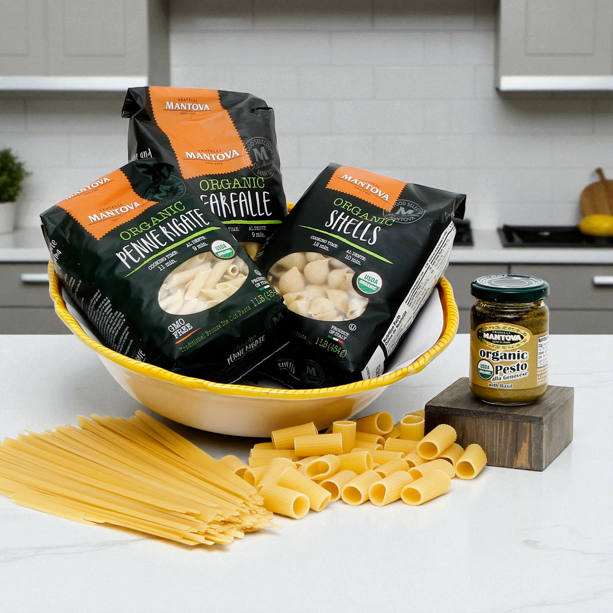 GIFT BUNDLES: Deruta Pasta Bowl with 3 Organic Pasta + Pesto Sauce -RAFFAELLESCO LITE design