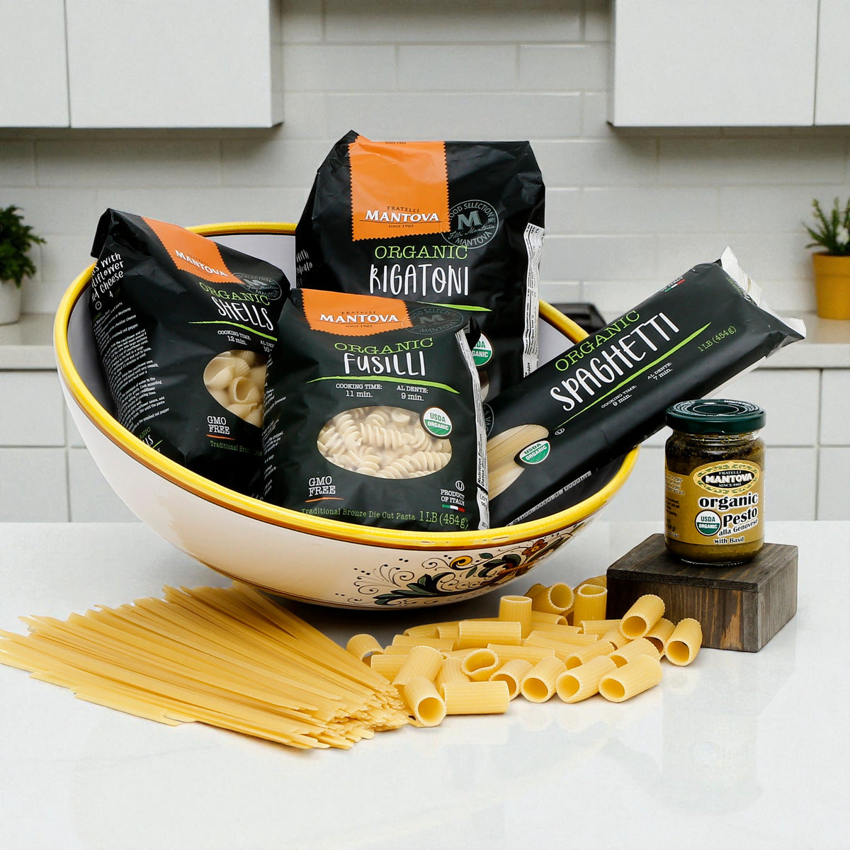 GIFT BUNDLES: Deruta Pasta Large Bowl with 4 Organic Pasta + Pesto Sauce -RICCO DERUTA LITE design