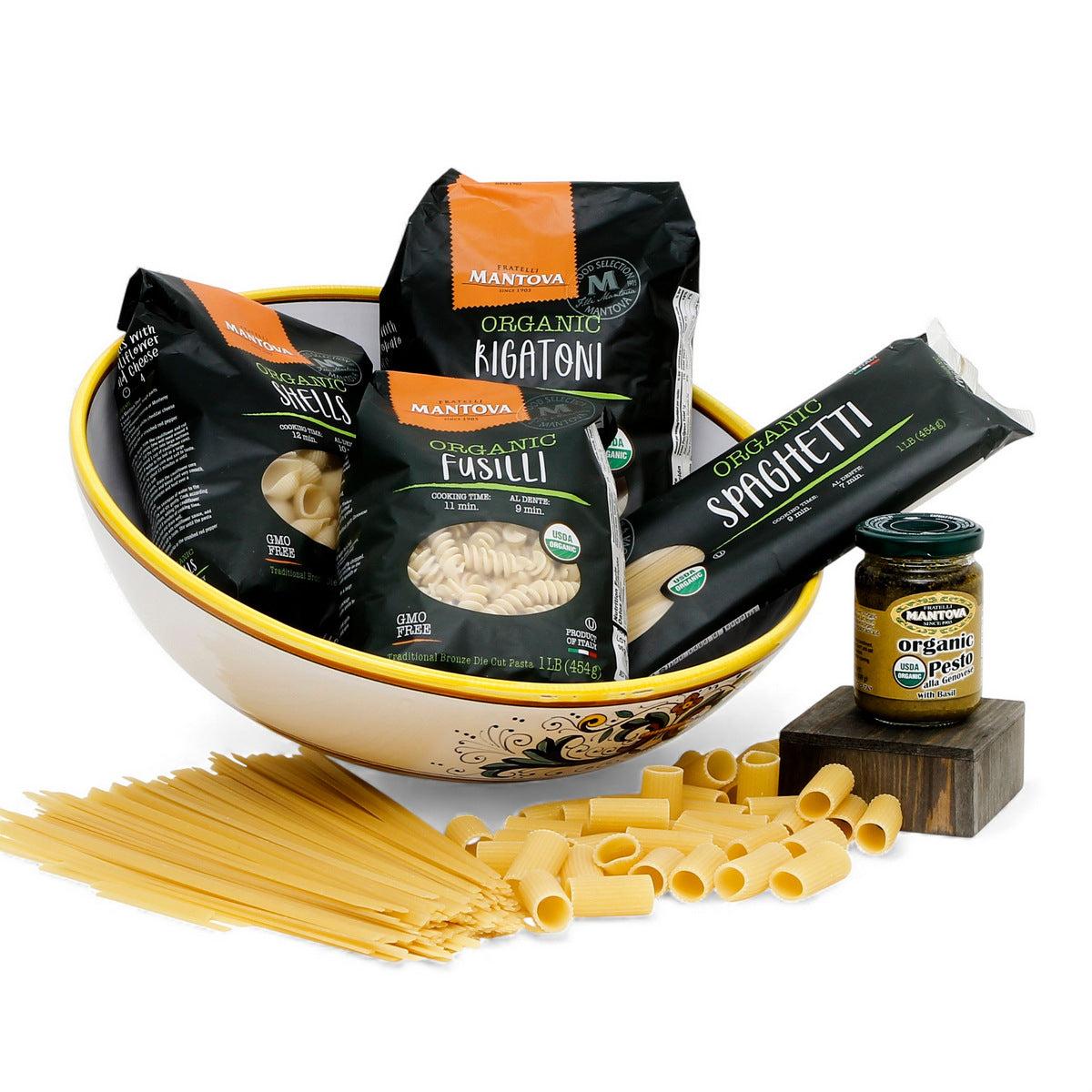 GIFT BUNDLES: Deruta Pasta Large Bowl with 4 Organic Pasta + Pesto Sauce -RICCO DERUTA LITE design