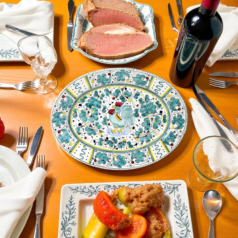 ORVIETO GREEN ROOSTER: Large Oval Platter - Artistica.com