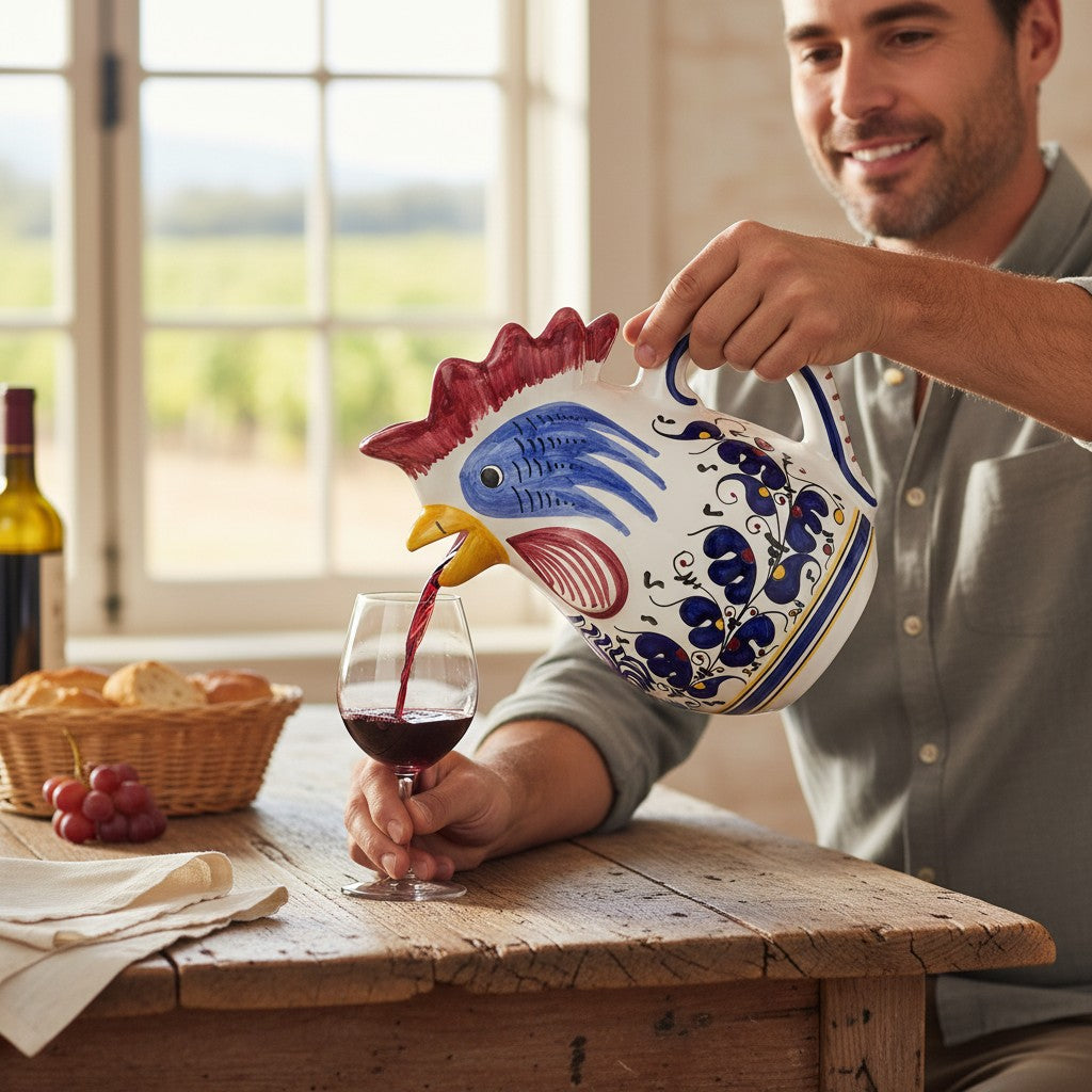 ORVIETO BLUE ROOSTER: Rooster of Fortune Pitcher (1 Liter 34 Oz 1 Qt)
