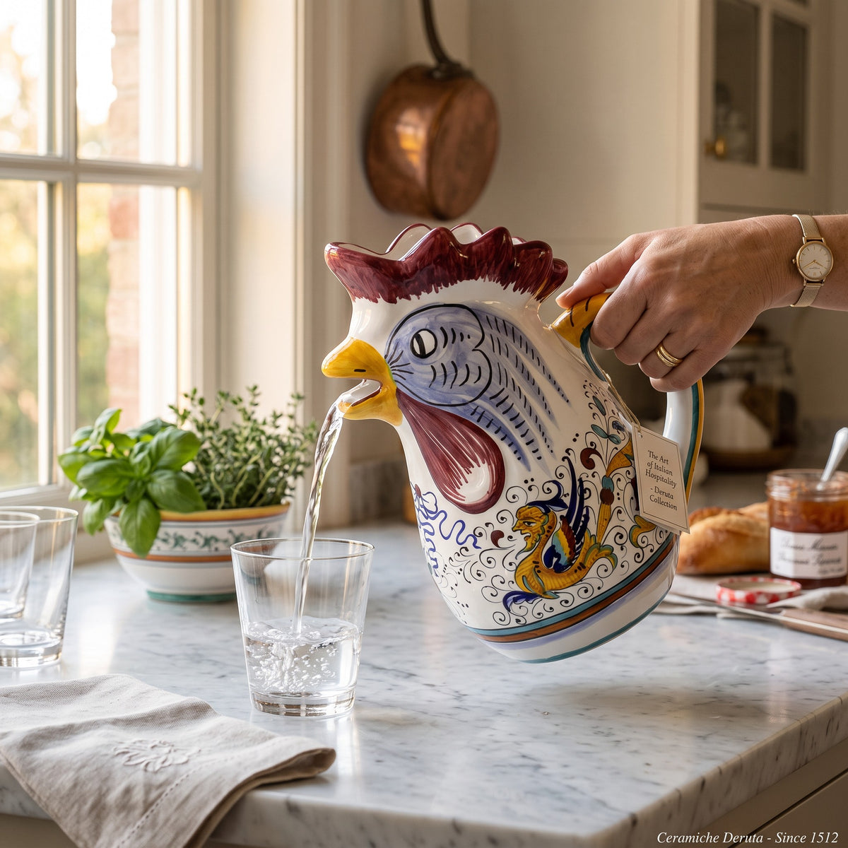 RAFFAELLESCO DELUXE: Rooster of Fortune pitcher (1 Liter 34 Oz 1 Qt)