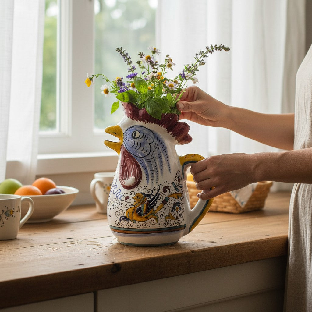 RAFFAELLESCO DELUXE: Rooster of Fortune pitcher (1 Liter 34 Oz 1 Qt)