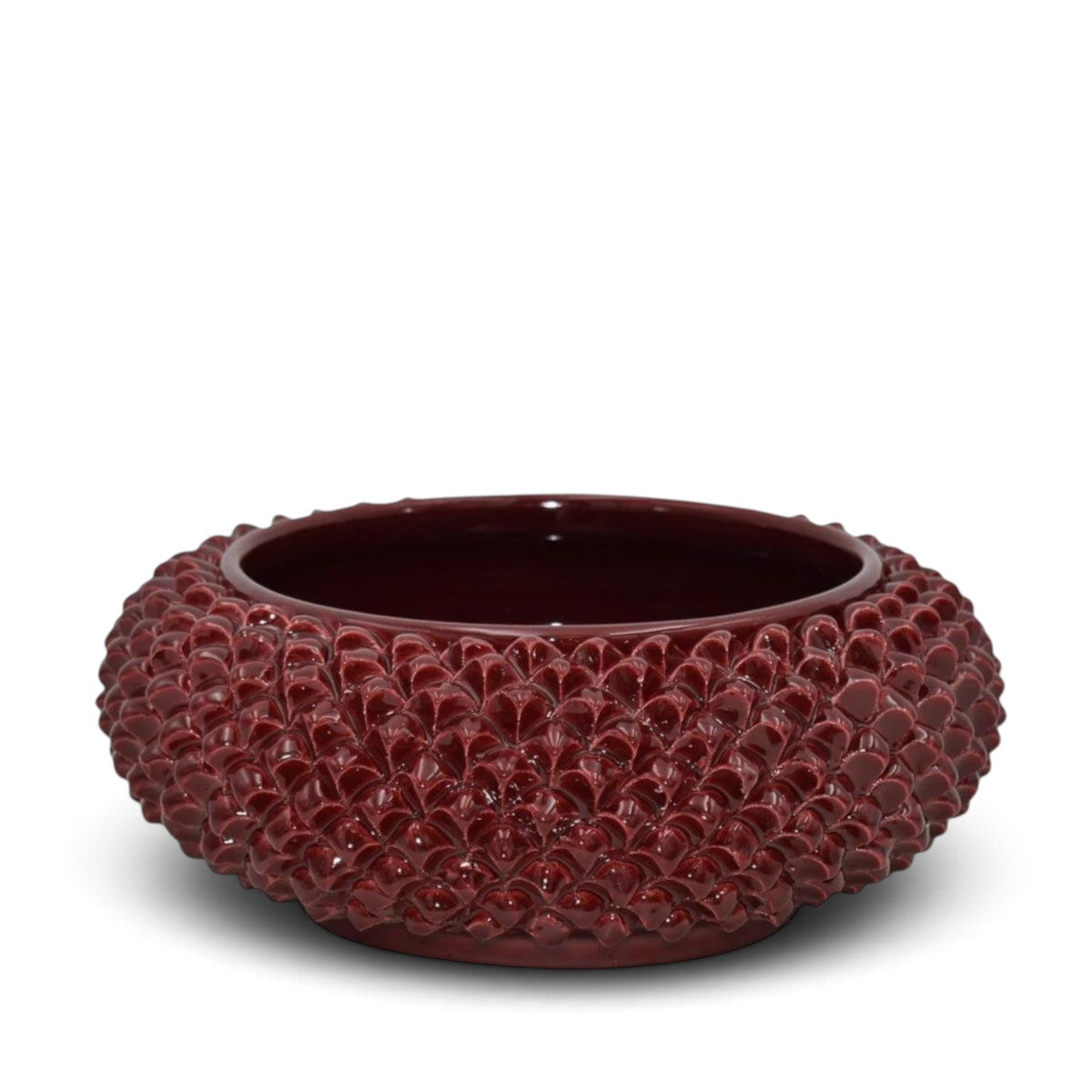 SICILIAN PINECONE: Ceramic Round Centerpiece Bowl - BURGUNDY RED