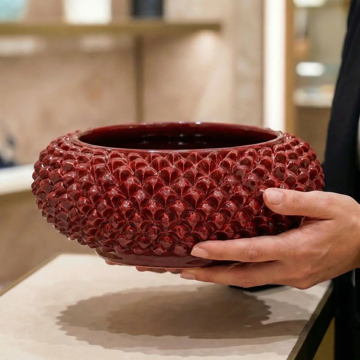 SICILIAN PINECONE: Ceramic Round Centerpiece Bowl - BURGUNDY RED