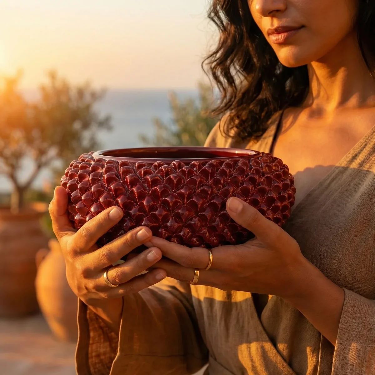 SICILIAN PINECONE: Ceramic Round Centerpiece Bowl - BURGUNDY RED