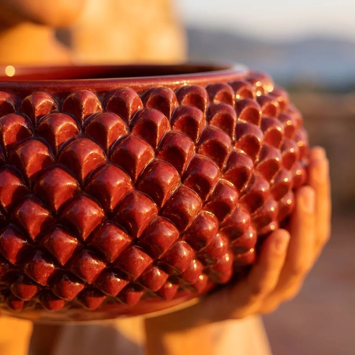 SICILIAN PINECONE: Ceramic Round Centerpiece Bowl - BURGUNDY RED