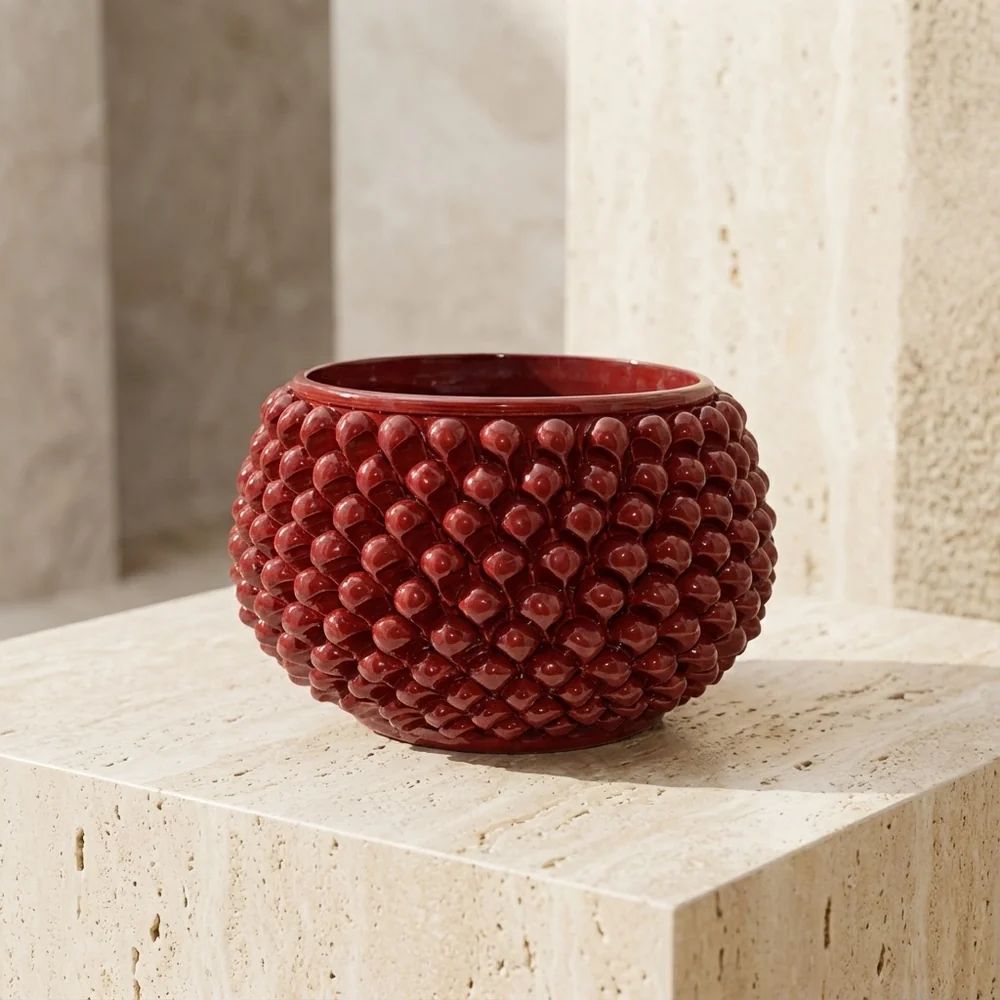 SICILIAN PINECONE: Ceramic Vase Planter Handcrafted - BURGUNDY RED