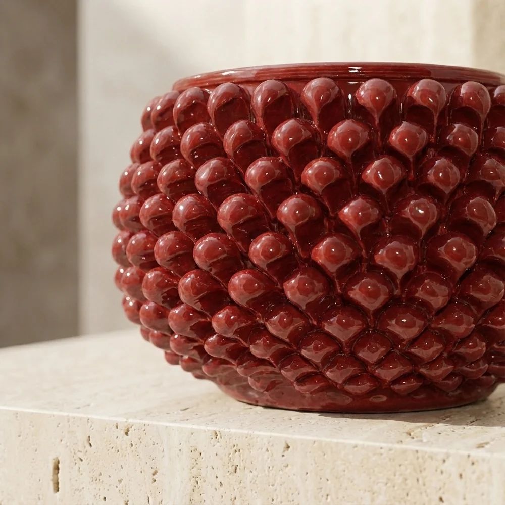 SICILIAN PINECONE: Ceramic Vase Planter Handcrafted - BURGUNDY RED