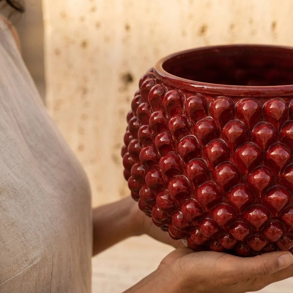 SICILIAN PINECONE: Ceramic Vase Planter Handcrafted - BURGUNDY RED
