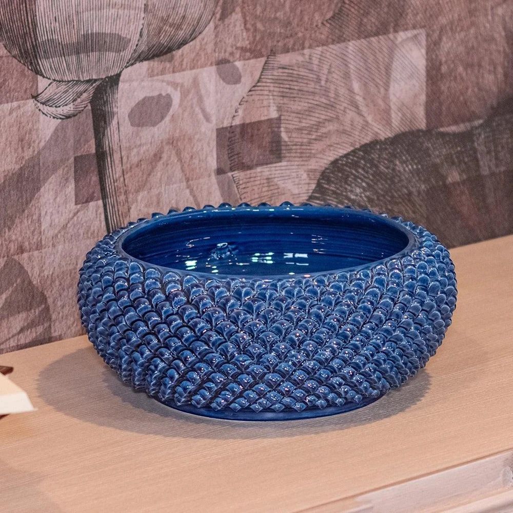 SICILIAN PINECONE: Ceramic Round Centerpiece Bowl - DEEP BLUE
