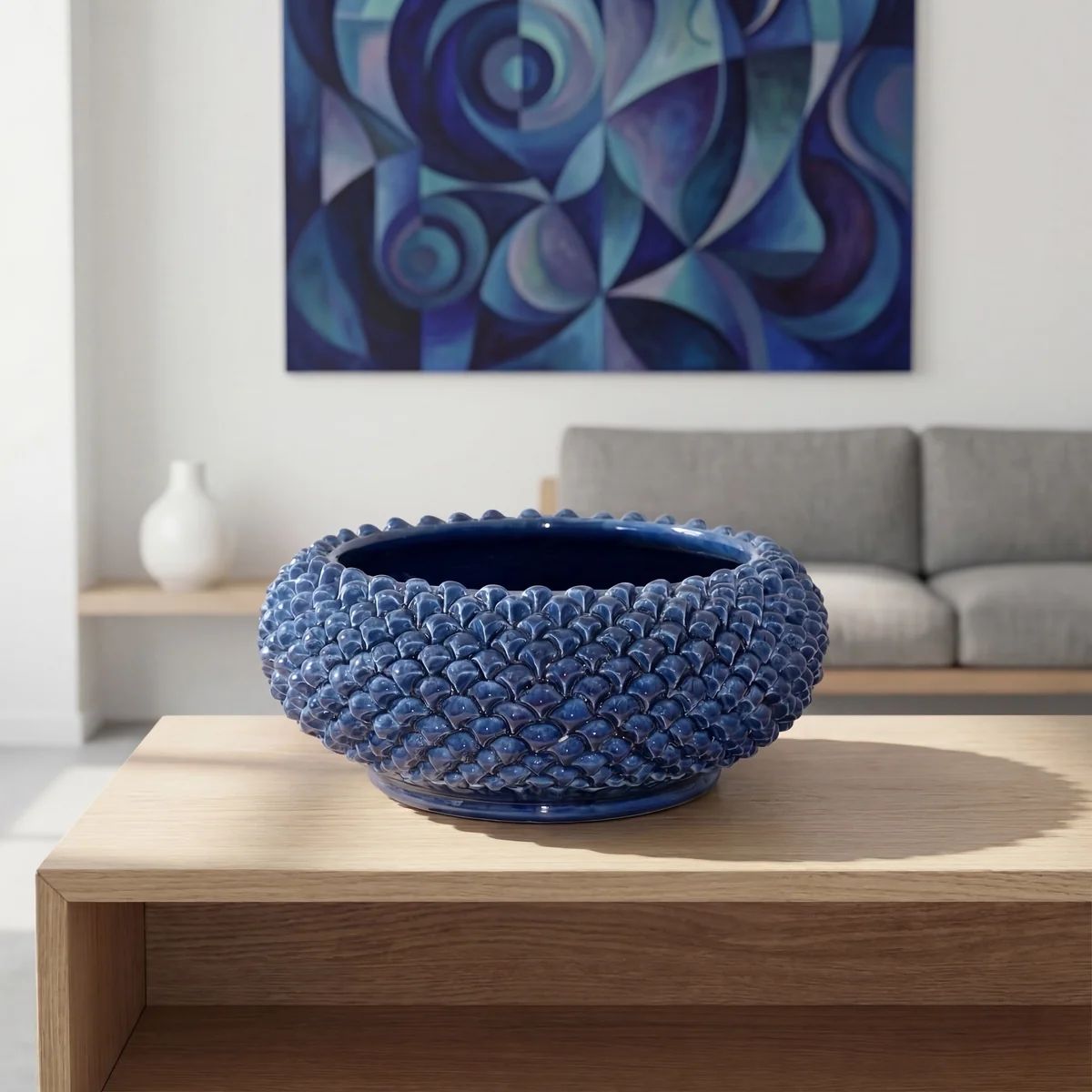 SICILIAN PINECONE: Ceramic Round Centerpiece Bowl - DEEP BLUE