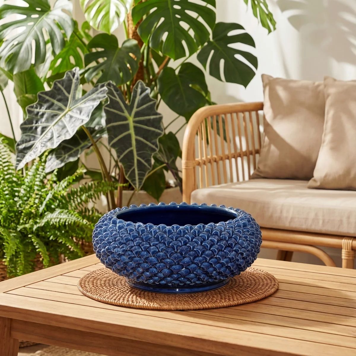SICILIAN PINECONE: Ceramic Round Centerpiece Bowl - DEEP BLUE